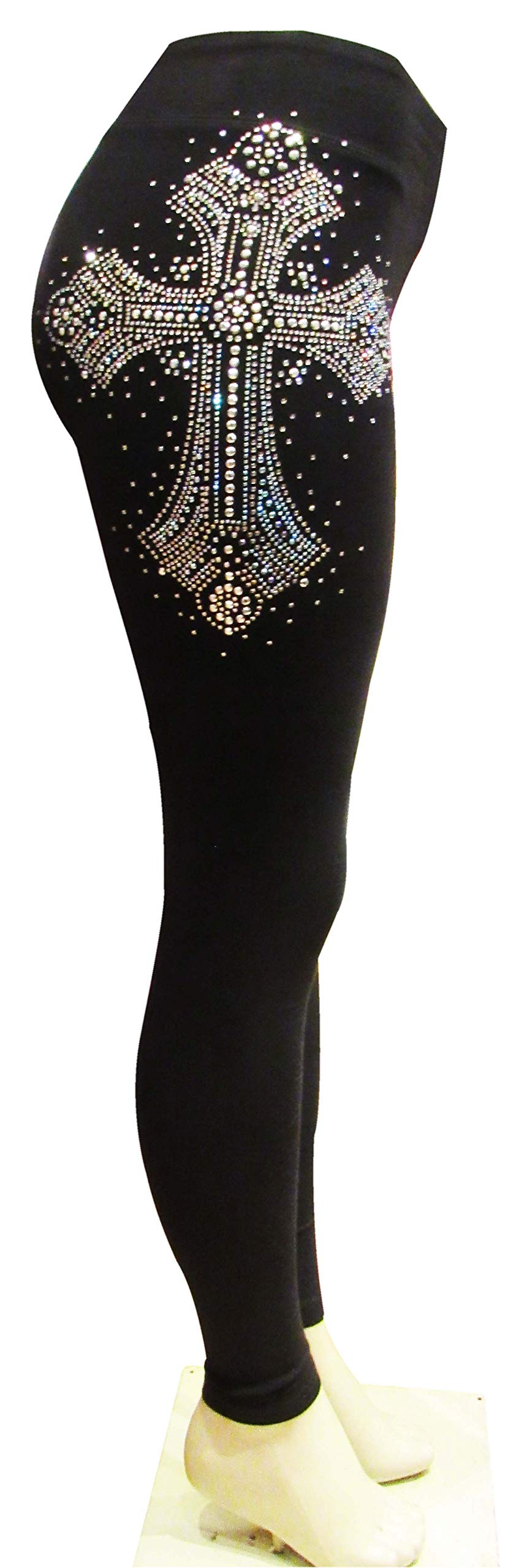 Iridescent Rhinestone Cross Black Leggings