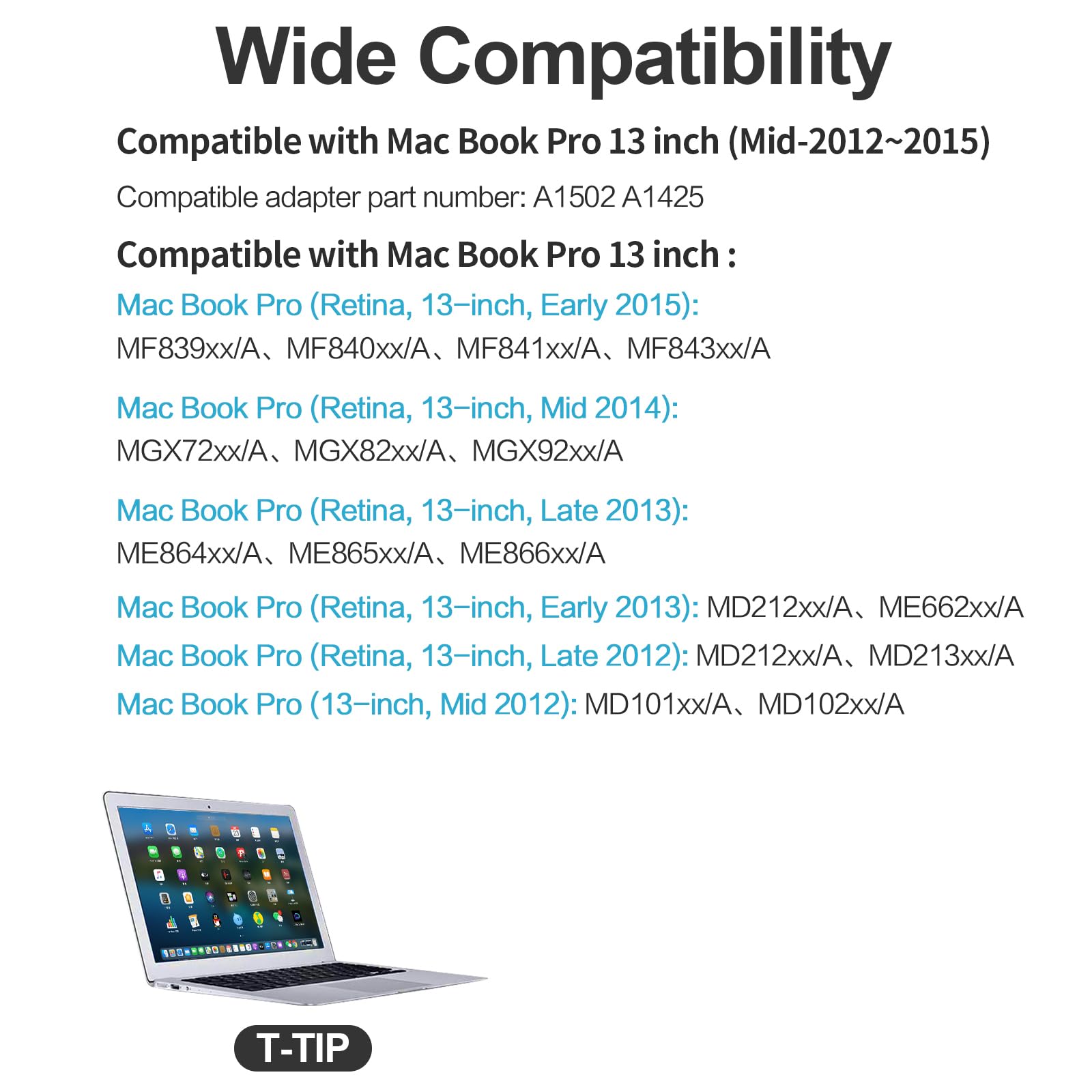 Cargador MacBook Pro, 60W T-Tip Cargador Fuente de alimentación Compatible con Mac Book Pro 11" y 13" (2012-2015), Modelos A1502, A1425, A1435, A1465, A1466