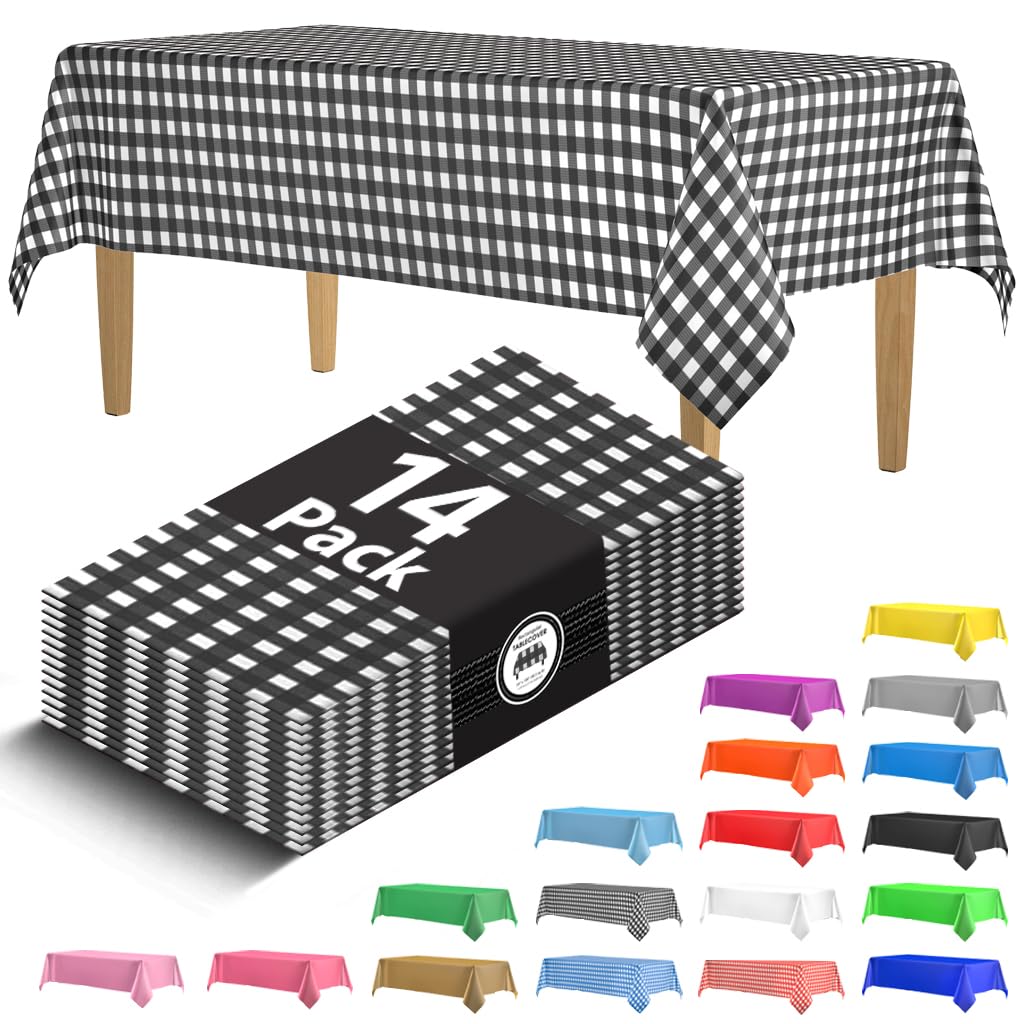 14 Pack Plastic Black Gingham Checkered Picnic Tablecloth 54 X 108 in. Rectangle Disposable Table Covers - Disposable Table Cloths For Parties,