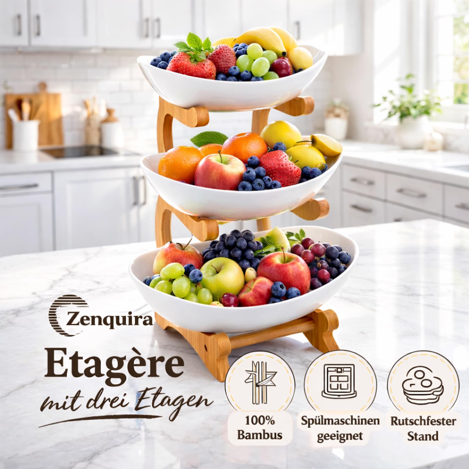 Obst Etagere 3 Stöckig Keramik mit Bambusständer – Etagere Obstschale für Küche & Esstisch, Große Obstständer für Arbeitsplatte, Spülmaschinenfest