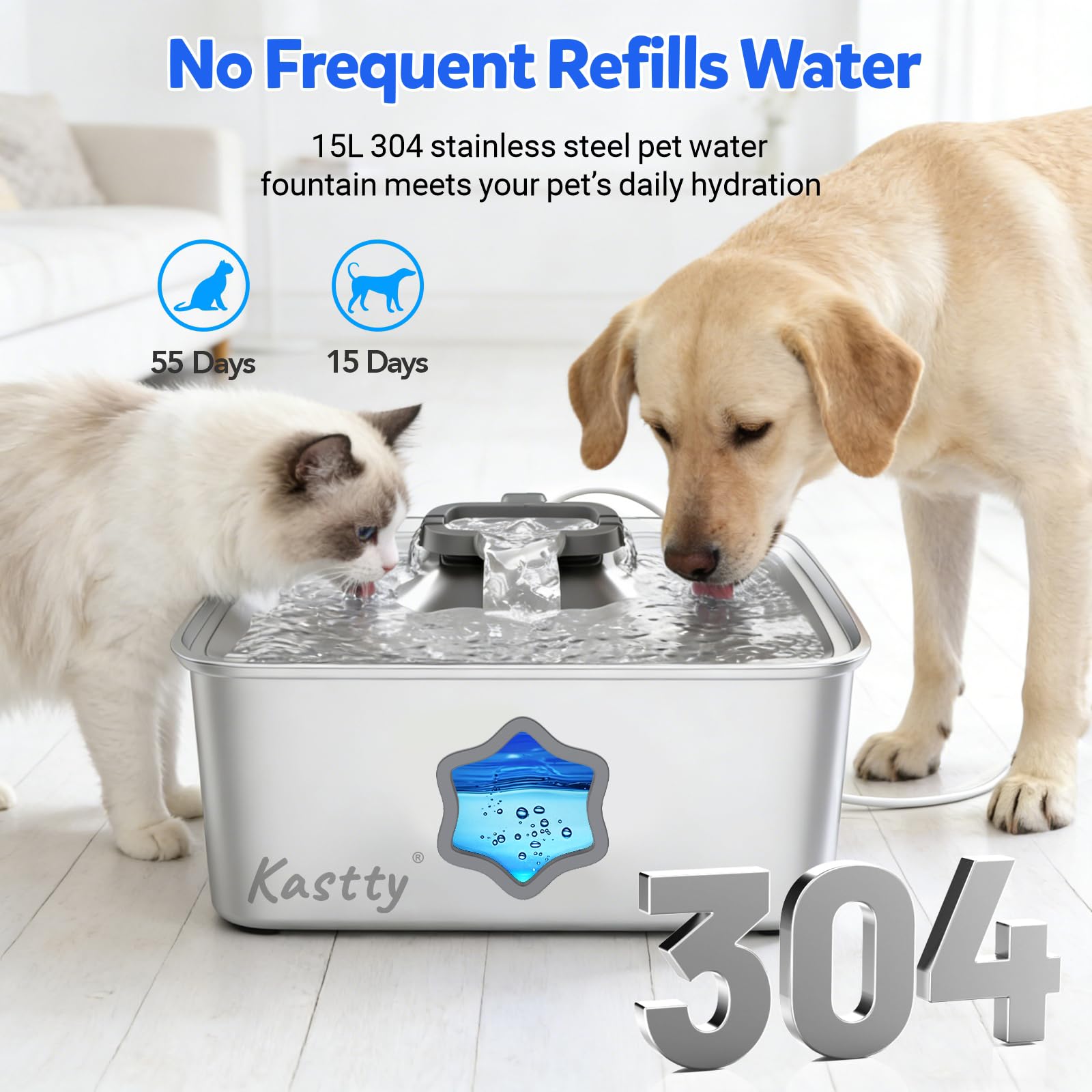 Kastty 15L/4 Gal Hund Wasserbrunnen, 5-stufige Filtration Edelstahl Hund Wassernapf Spender, Super Leise Haustier Wasserbrunnen, mit Wasserfenster & LED, für Große Hunde und Multi-Pet(FS81)