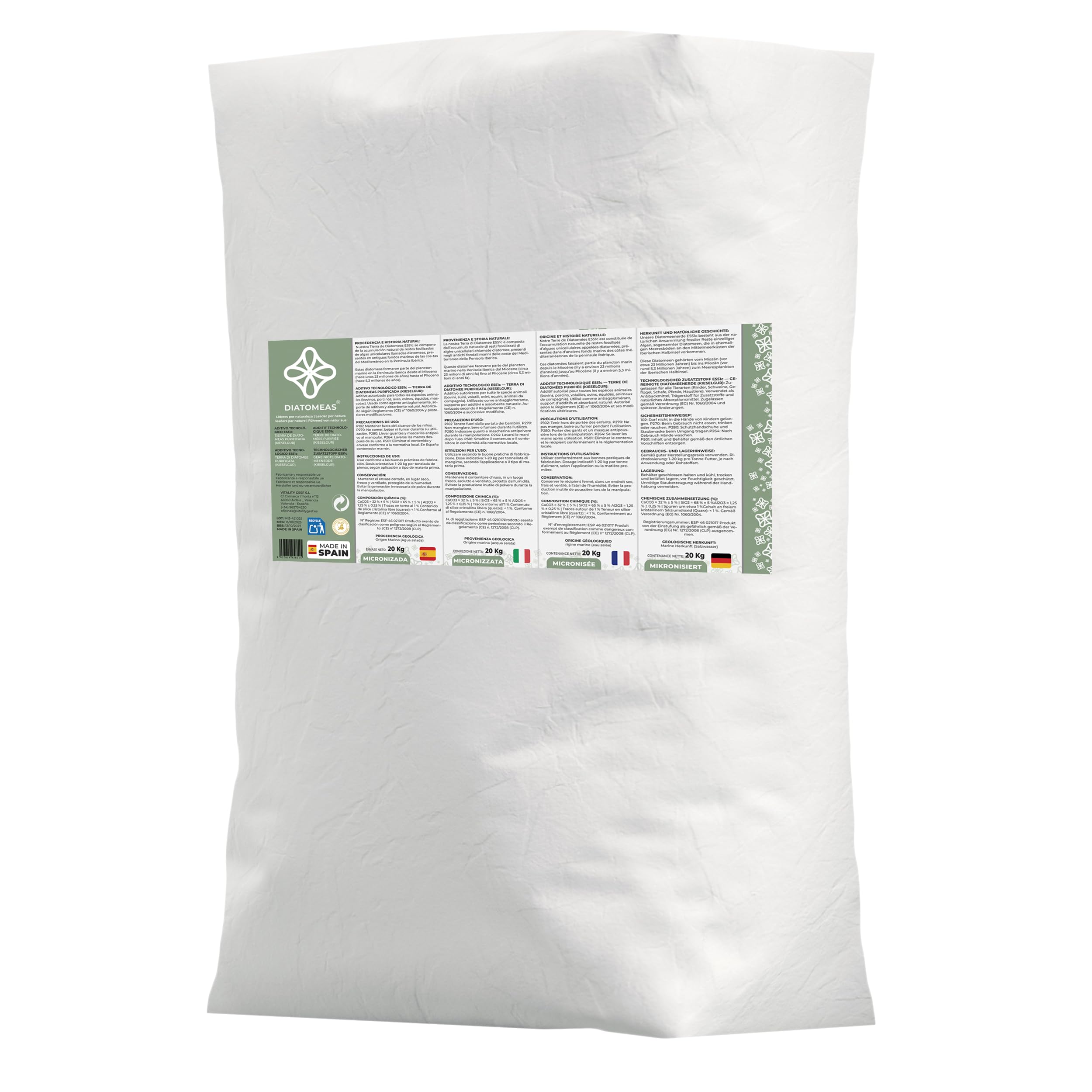 Micronizada E551c – Tierra de Diatomeas Purificada | Aditivo Tecnológico Antiaglomerante para Piensos | Sílice Amorfa de Origen Natural | Saco 20 kg