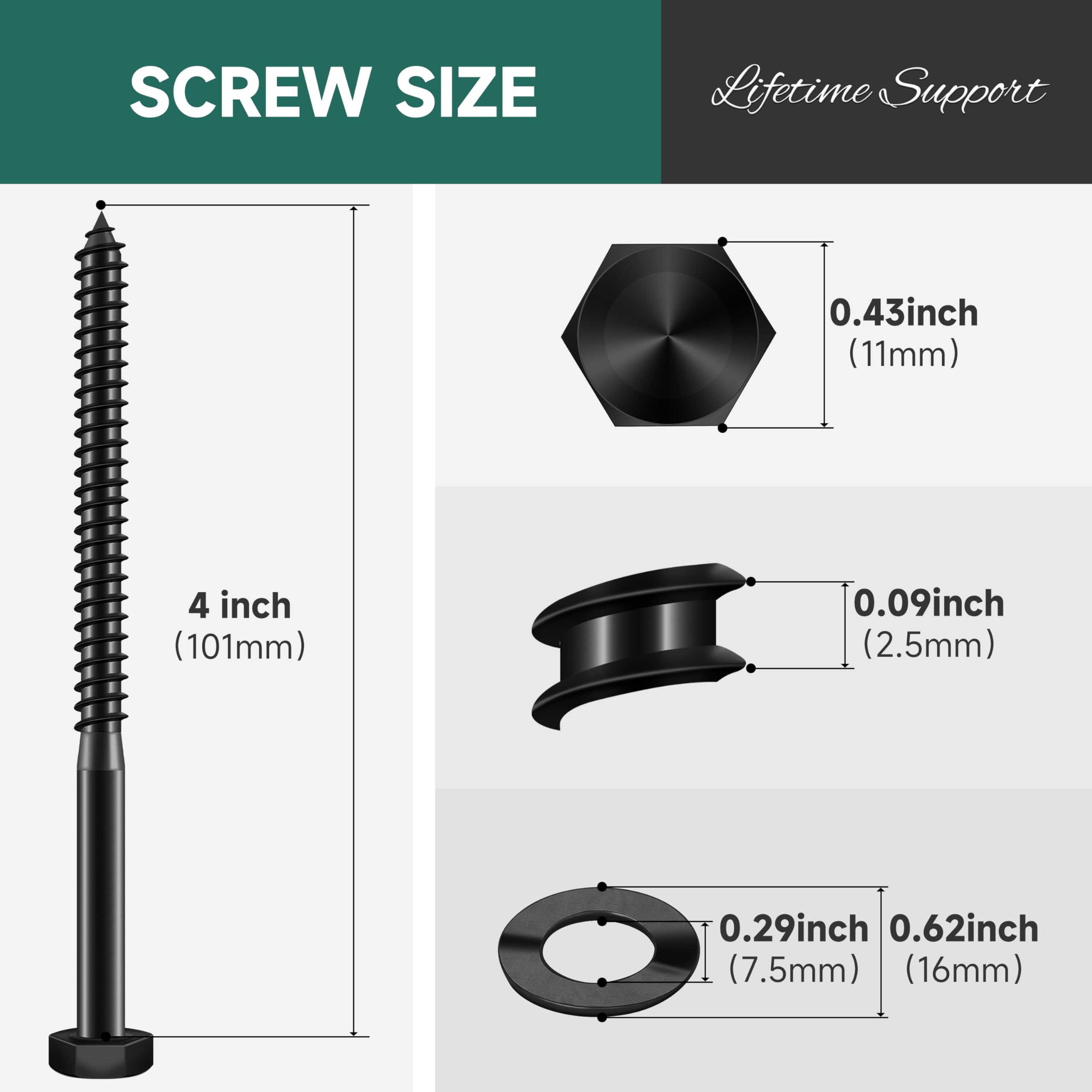 15Sets) 1/4" X 3-1/2" Hex Head Lag Bolts, Heavy Duty Lag Screws With Washers, 304 Stainless Steel Bolts 18-8, Lag Screws Wood Screws, Partial Thread Black Oxide, 1/4 Bolt By Mywish