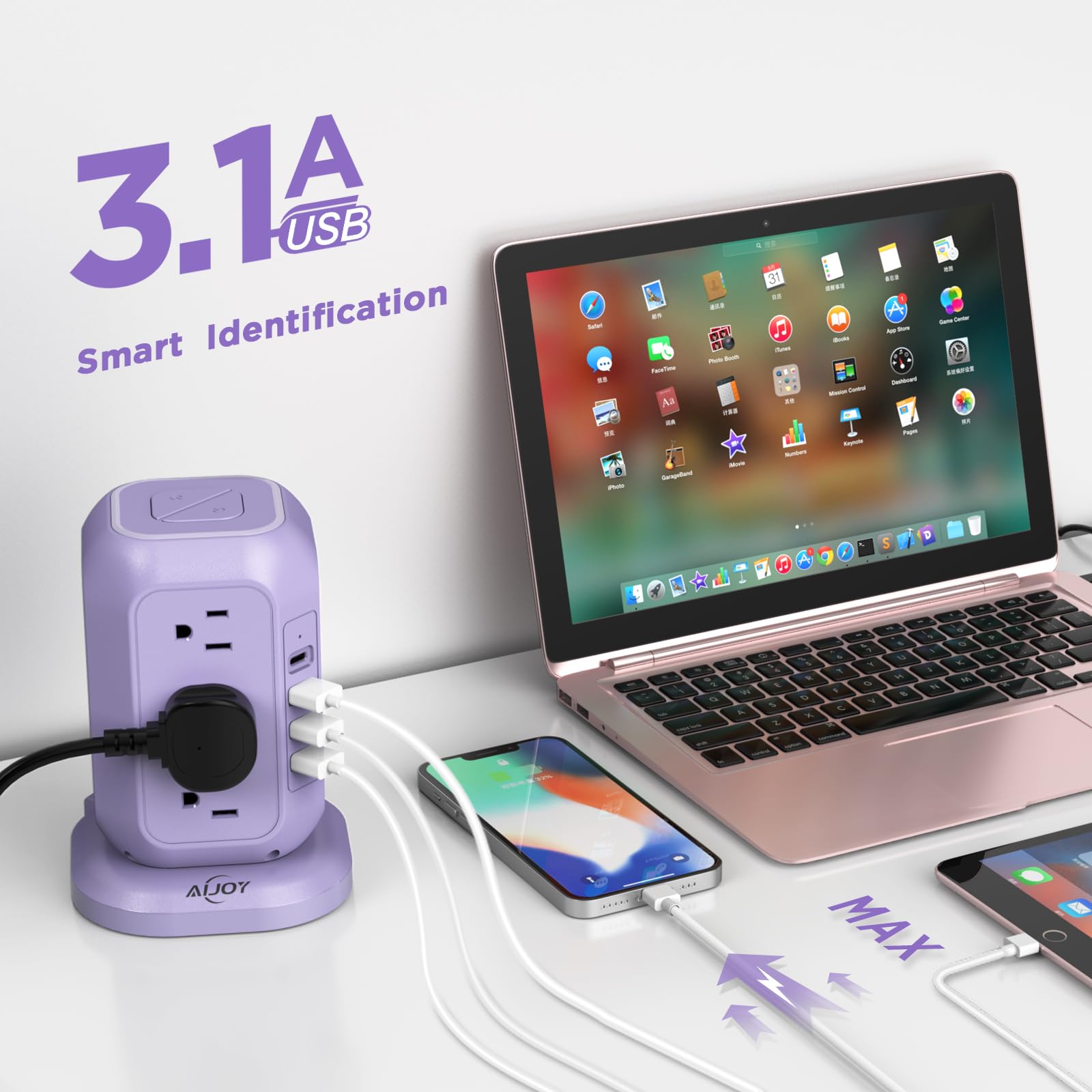 Presa di alimentazione USB C, protezione da sovratensioni con 12 prese CA e 4 porte USB, cavo di prolunga AiJoy da 10 piedi, protezione da sovratensioni per striscia di alimentazione 1200J stazione