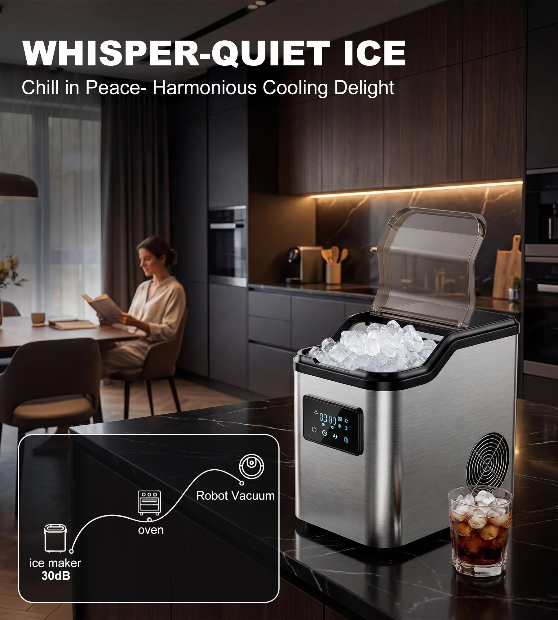 Nugget Ice Makers Countertop,Portable Pebble Ice Machine with Crushed Ice,45lbs/Day Soft Pellet Ice Maker Stainless with 24H Timer, Self-Cleaning Chewable Sonic Ice for Home,Kitchen,Office — view 7