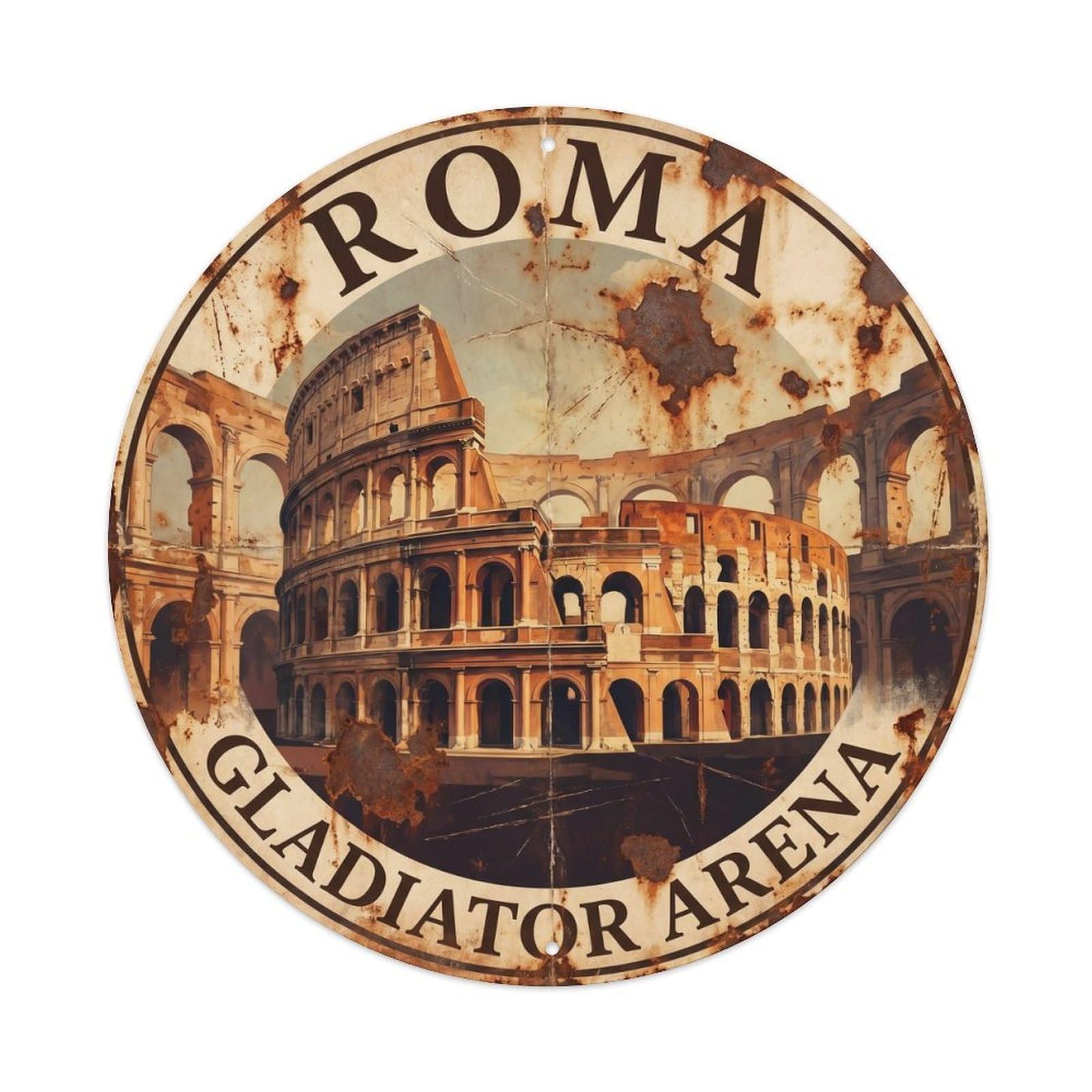 Vintage Travel Rome Colosseum Gladiator Metal Tin Sign Plaque Wall Decor for Cafe, Club Bar, Office, Home Garden Round Metal Poster 8x8Inch