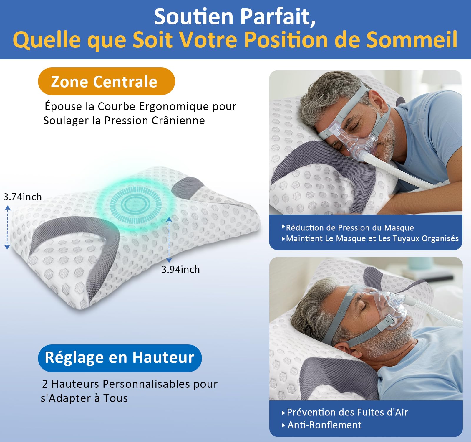 CPAP Oreiller Cervical Memory Foam, Oreiller Orthopédique Ergonomique, Oreiller Contre l'apnée du Sommeil, Parfait pour Tous Les utilisateurs de Masques CPAP