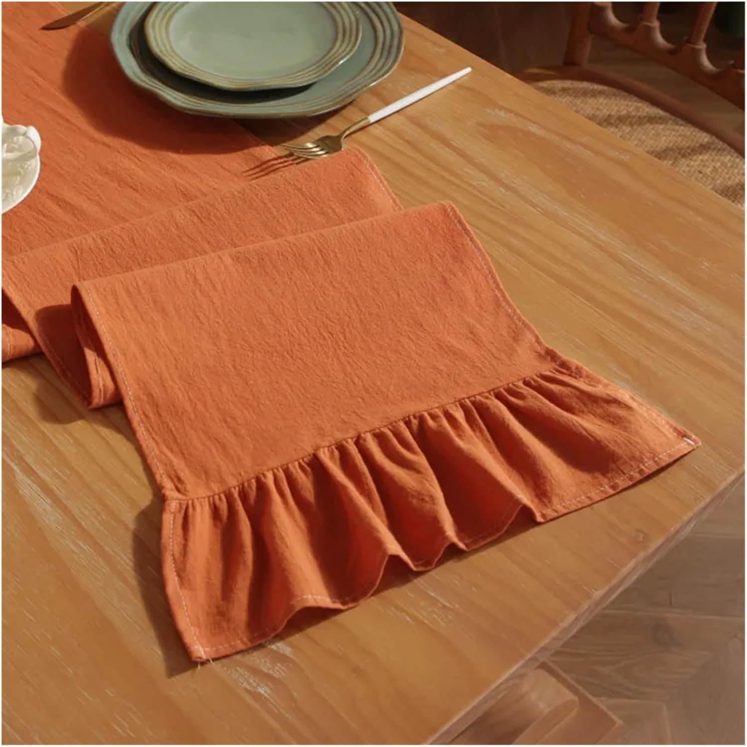Table Runner Cotton Solid Color Table Runner Ruffled Folds Farmhouse Kitchen Party Wedding Coffee Dining Table Decoration Accessories(Orange,30x180cm)