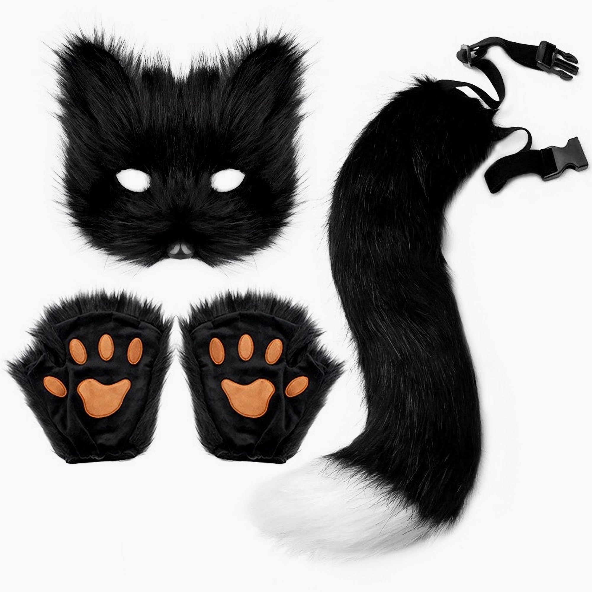 Therian Mask Tail Gloves Paw Set Animal Gear Cat Fox Wolf Masks Dress Up Cosplay Party Women Furry Faux Fur Fingerless (Black White Tail)