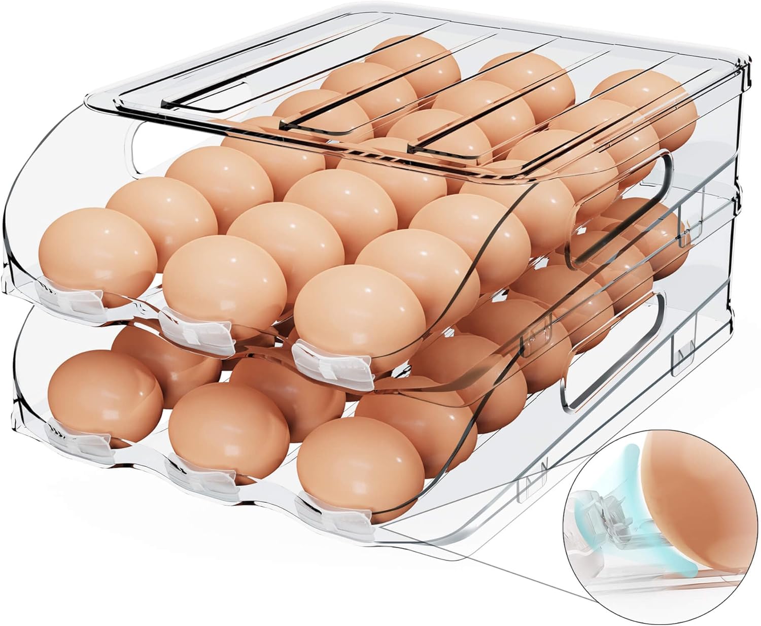 Egg Holder for Fridge, Automatic Steady Rolling Egg Dispenser with Silicone Bumpers & Handle for Refrigerator, Large Capacity Egg Organizer with Lid Egg Holder for Fridge, Automatic Steady Rolling Egg Dispenser with Silicone Bumpers & Handle for Refrigerator, Large Capacity Egg Organizer with Lid