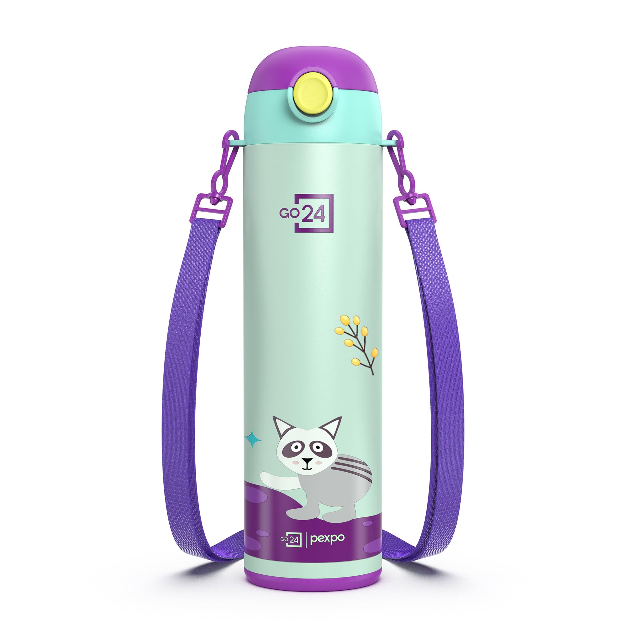 Go24 pexpo Pixy 500 ISI Certified Stainless Steel Water Bottle for School Kids - 470ml | Double Wall | Hot & Cold Vacuum Insulated Flask | 4+ Years Kids | School, Picnic - Sea Green Raccoon Print-image-11