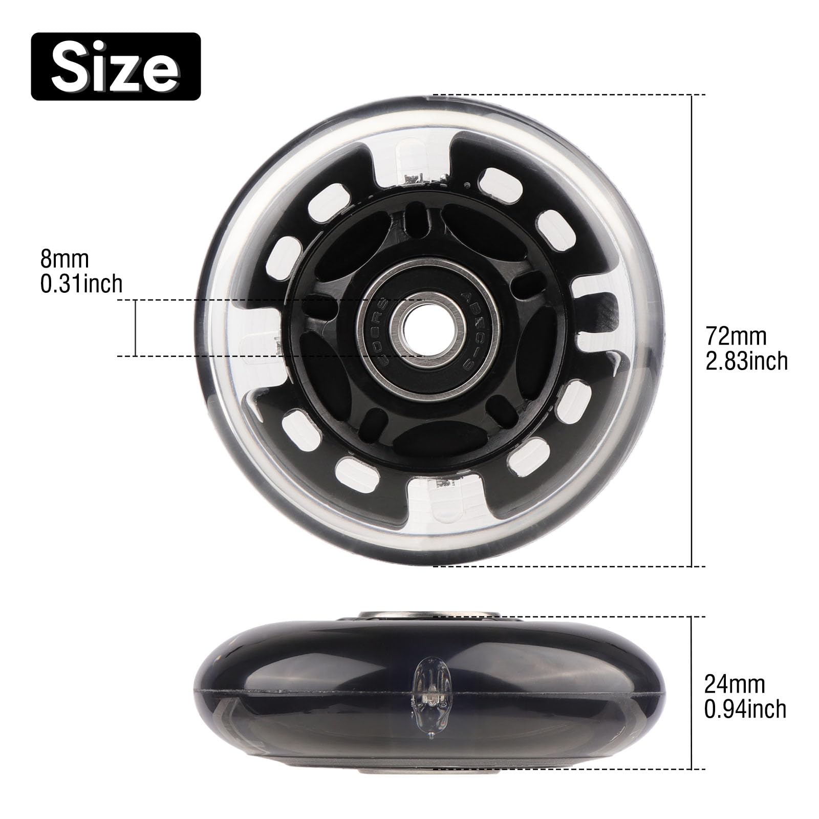Wheelgoo 8pcs Inline Skate Wheels Led Light-Up Wheels 64/70/72/76/80mm w/Bushings 85-88A for Kids and Youth Beginners Children's Inline Skates Indoor/Outdoor Use (Black, 72mm)