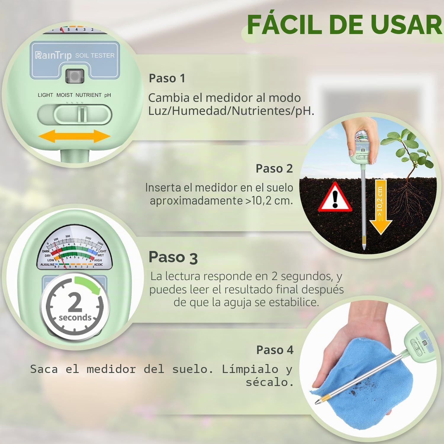 Medidor de humedad del suelo, medidor de pH del suelo 4 en 1, probador de suelo para humedad, luz, nutrientes, pH, granja, uso en interiores y exteriores (no requiere batería)