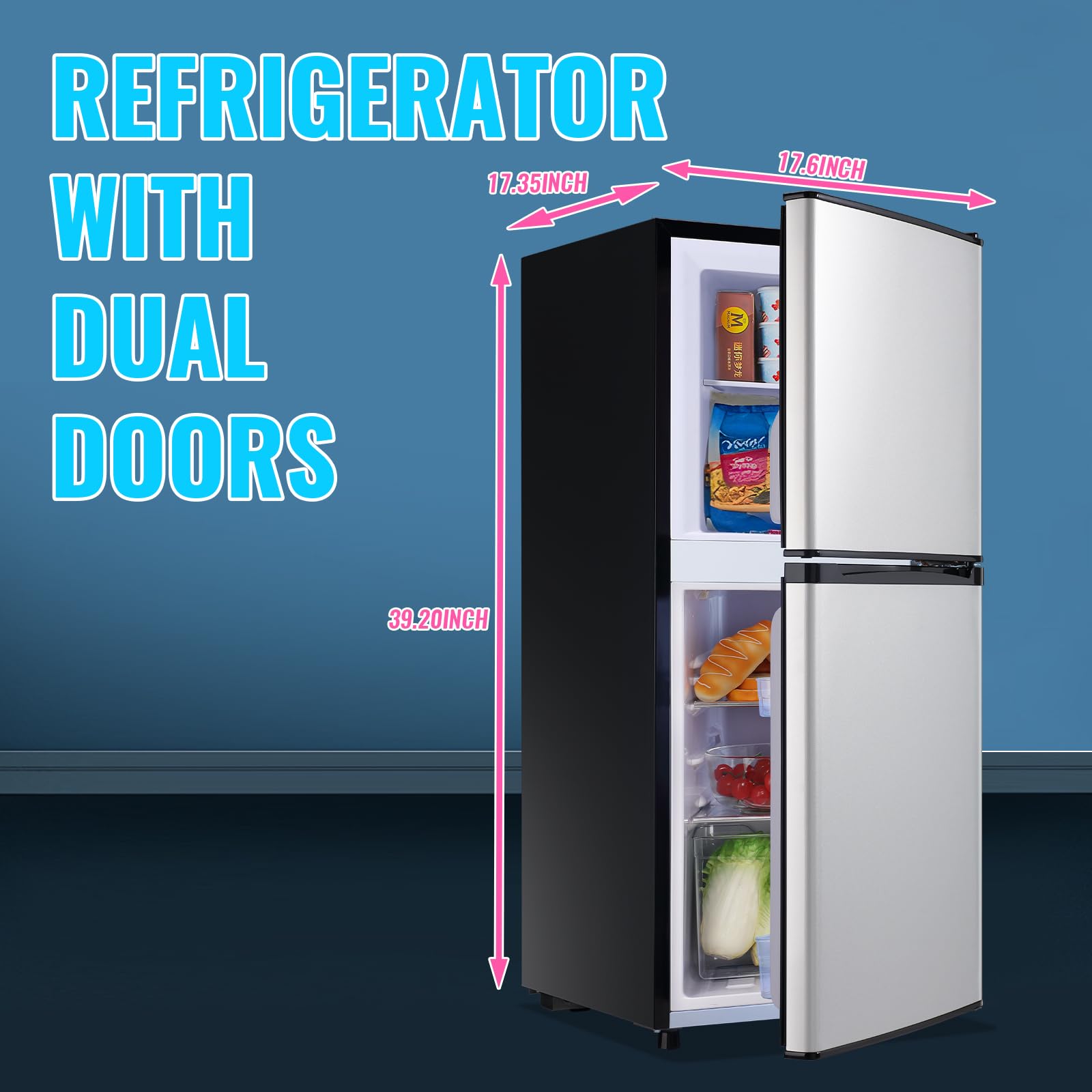 Demuller Mini Fridge With Freezer Two Doors Refrigerator With 7 Setting Adjustable Thermostat Crisper Drawer & Removable Shelves Low Noise Freezer-On-Top Refrigerator, 3.88cu.Ft, Silver on Fridge.com - View 3