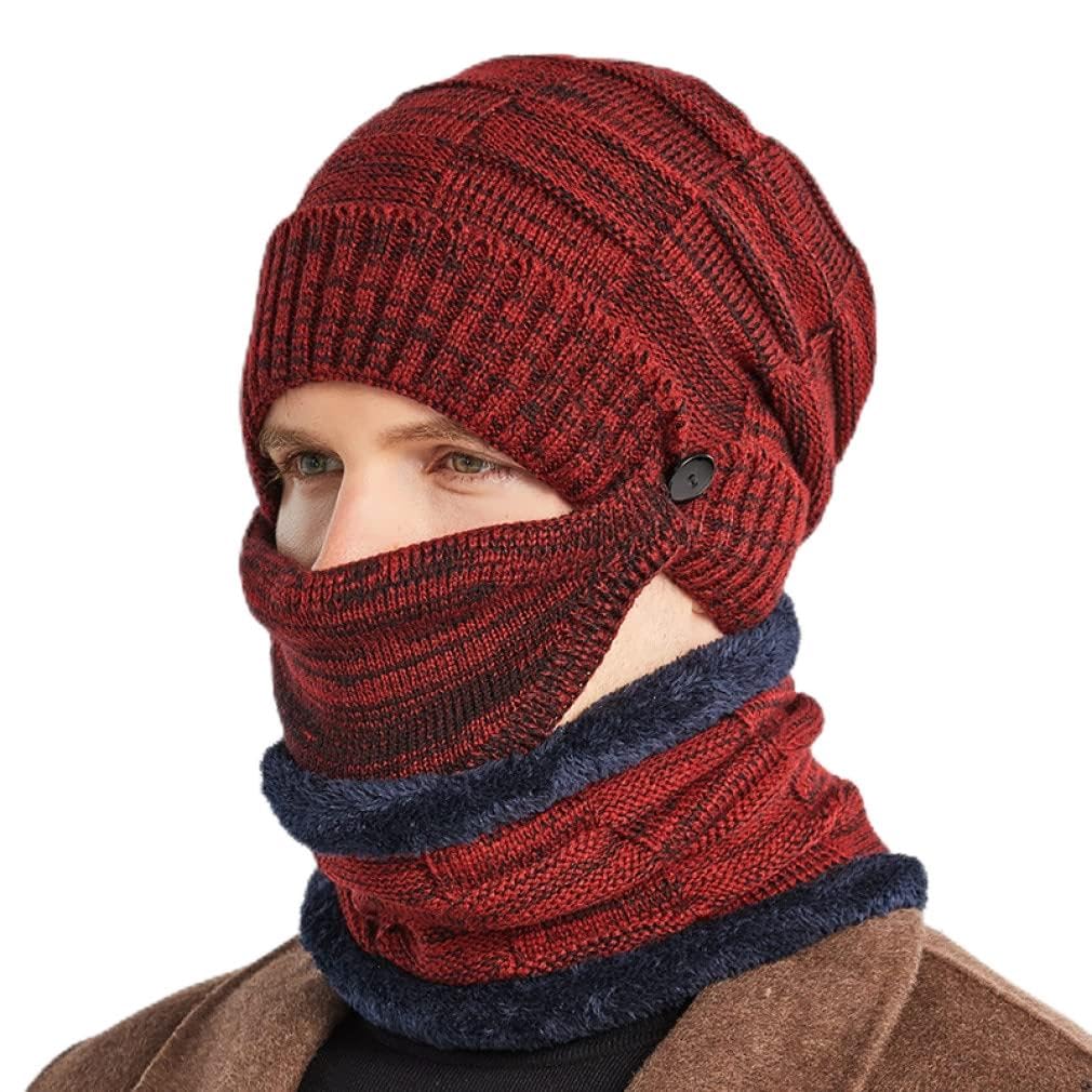 Dreiteilige Mütze, Schal, Maske, Herren Herbst und Winter All-Match warme Strickmütze Plus Verdickung Radfahren