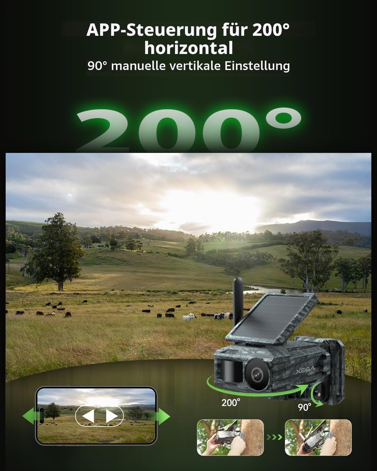 Xega 4G LTE Solar Überwachungskamera mit SIM-Karte&2 Solarmodulen