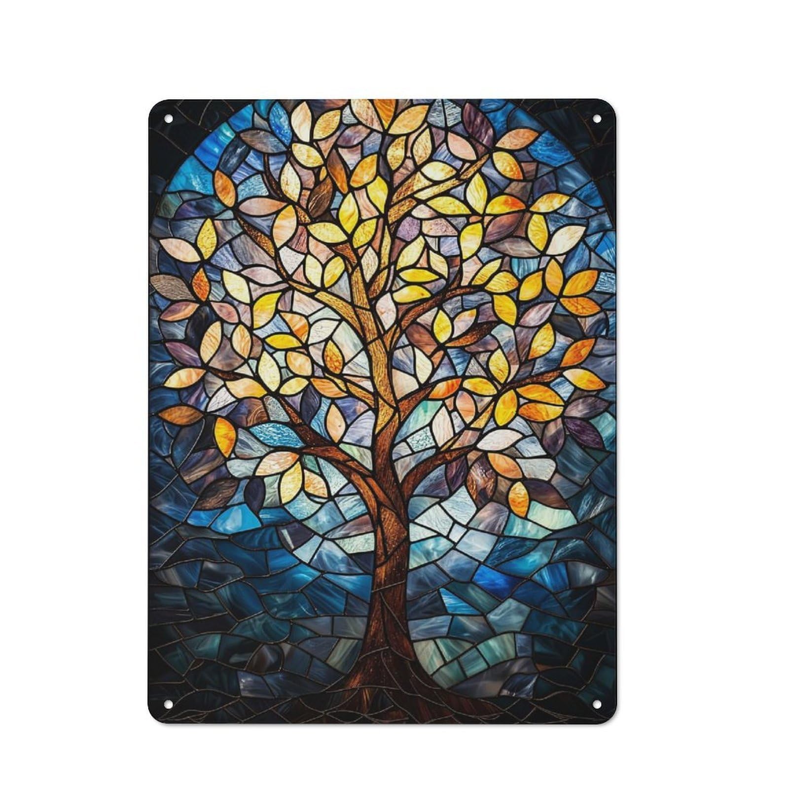Junmoney Stained Glass Tree Metal Wall Sign 40X30cm, Modern Retro Loft Wall Plaque For Flat, Bar, Studio Or Gallery Wall