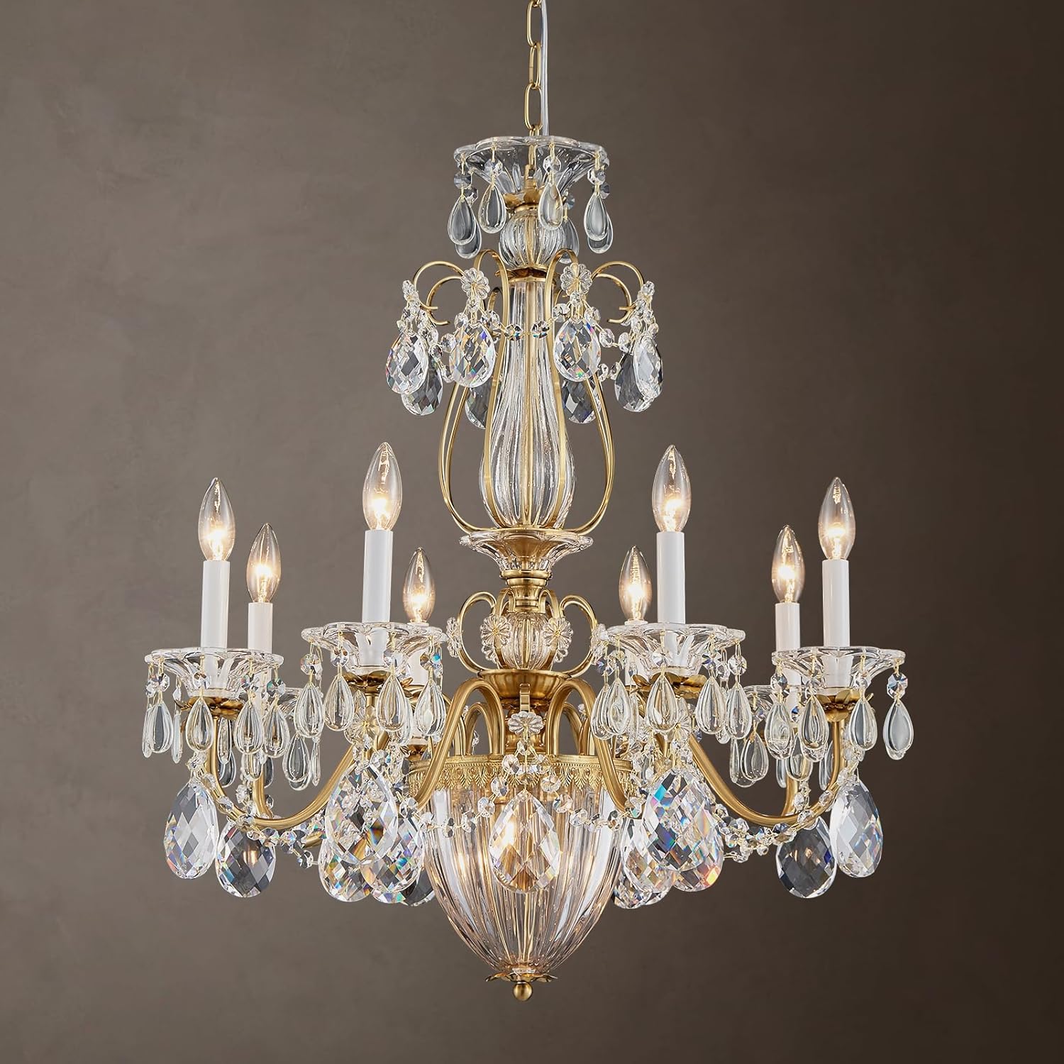 Contemporary Crystal Chandelier for Dining Room, 8-Light Vintage Brass Chandelier, Pendant Ceiling Light Fixture for Living Room Hallway Entryway Foyer Staircase 30.3" H x 26.8" D