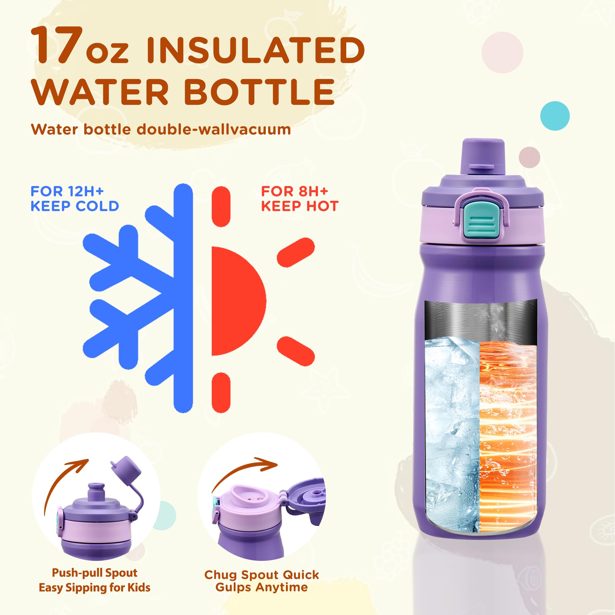 Maison HUIS Boîte à bento pour enfants avec thermos à soupe de 236,8 g, sac à déjeuner isotherme et bouteille d'eau de 500 ml, boîte à bento à 2 compartiments avec poche de glace intégrée, étanche et