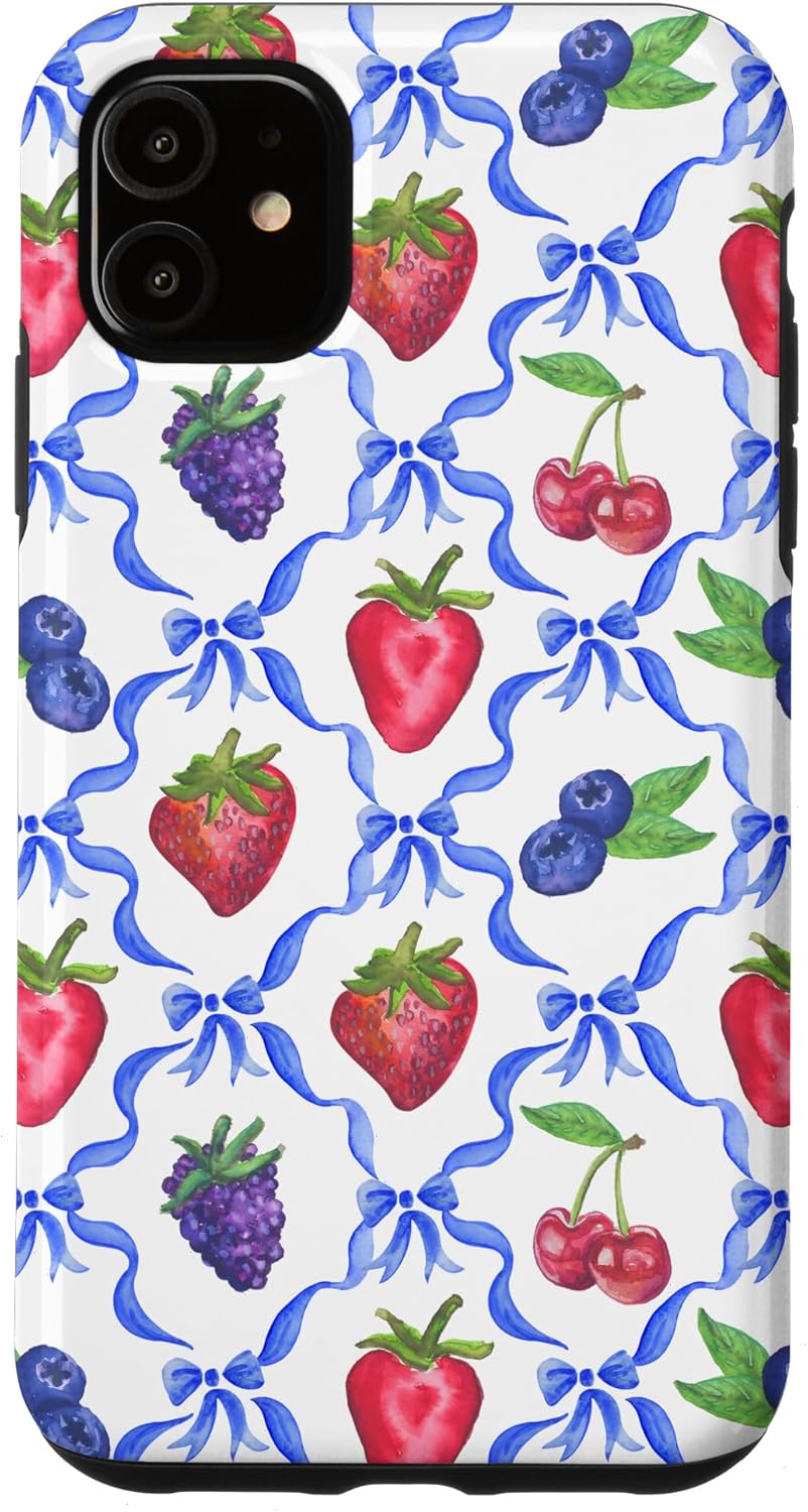 iPhone 11 Blue Coquette Bows Ribbons Summer Fruits Strawberry Cherry Case
