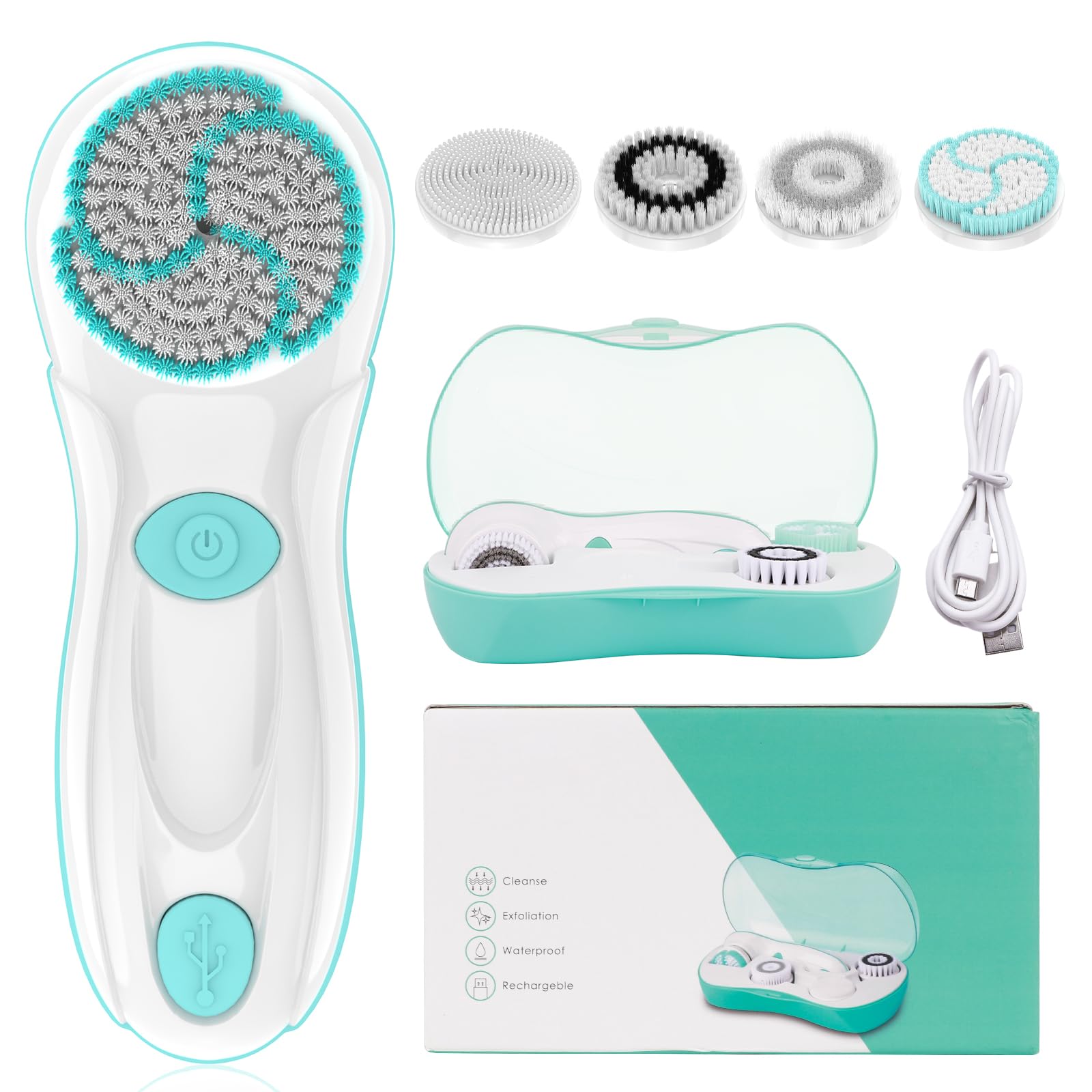 Juego de cepillos giratorios de limpieza facial, 4 cabezales exfoliantes, limpiador facial eléctrico para mujeres y hombres, limpieza profunda, exfoliación suave y masaje, impermeable, recargable