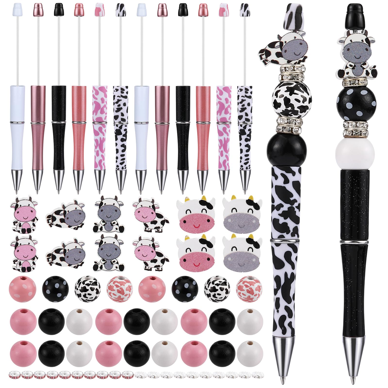 WEWAYSMILE 12 Pieces Beadable Pen DIY Ballpoint Pen Set in Black Ink With Round Wooden Beads,Rhinestone Spacer Beads,Shaped Wooden Beads,Cute Beaded Pen for Schools Office Supplies(Cow)