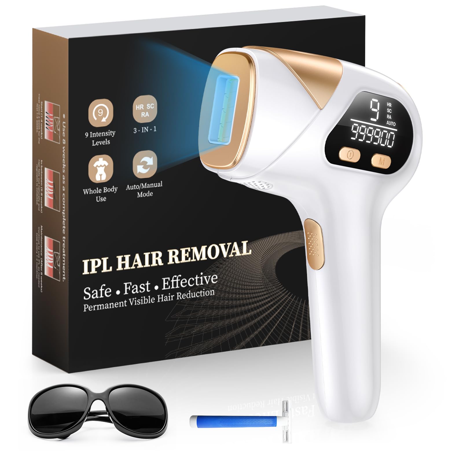 Depiladora Láser con 9 Niveles de Energía y 3 Funciones-HR/SC/RA, 999,900 Flashes IPL Depiladora luz Pulsada Indolora para Hombre, Mujer, Cara, Axilas, Piernas, Cuerpo Negro