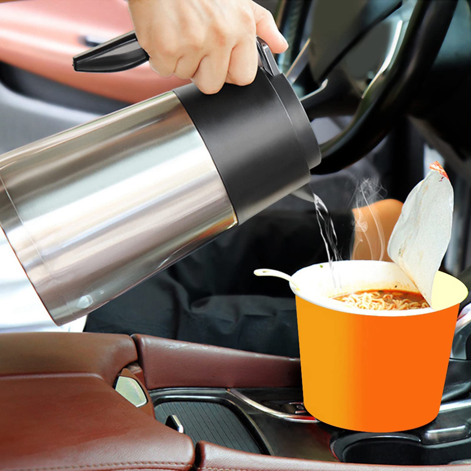Fdit Taza Calefactora Portátil para Coche, Hervidor Eléctrico de 1,2 L, para Viaje, Acero Inoxidable de 24V, Fácil de Usar