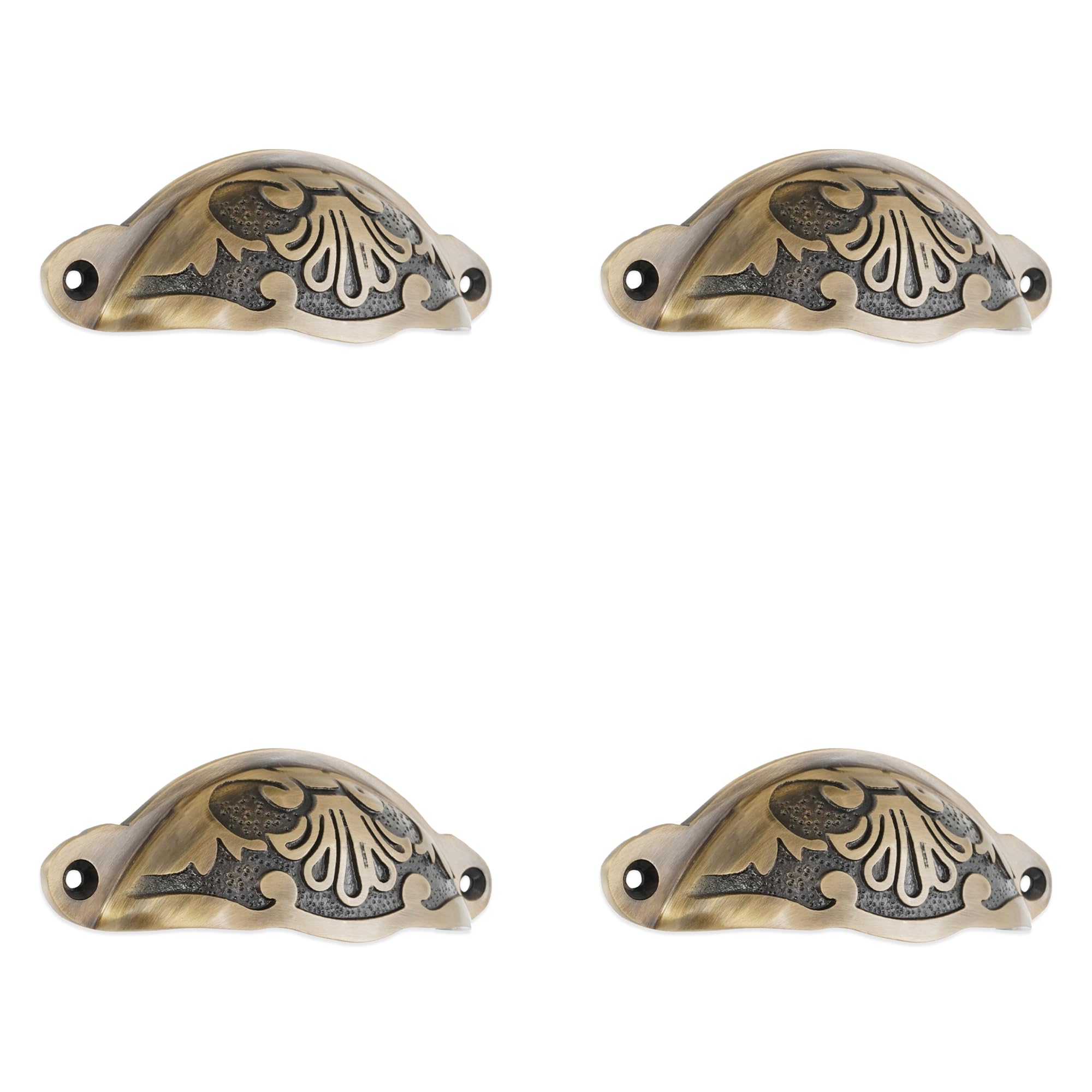 Infinity Decor Set di 4 maniglie semicircolari a forma di conchiglia, design floreale, in ottone anticato, per mobili, cucina, credenze, cassetti, porte, 100 mm