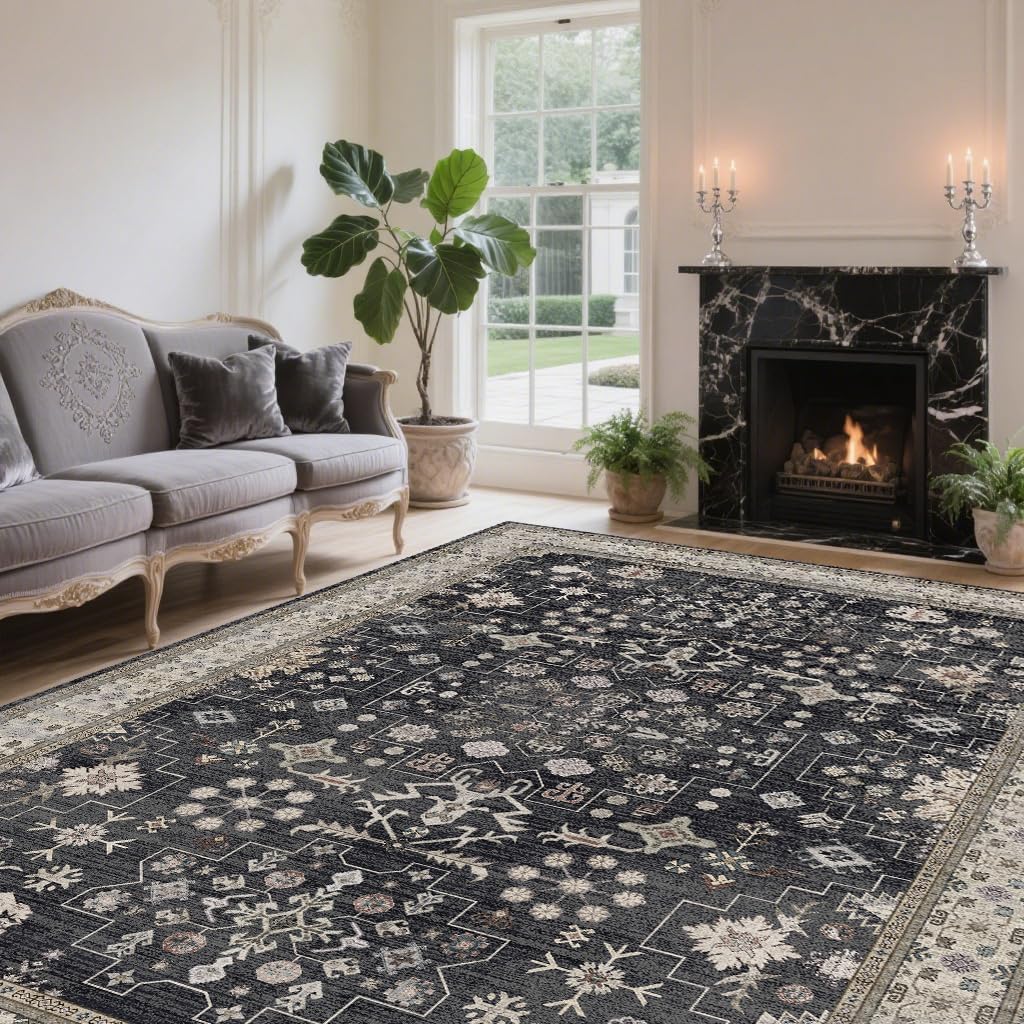 8x10 Washable Area Rugs for Living Room, Non-Slip Stain Resistant Soft Vintage Extra Large Area Rug, Low Pile Indoor Boho Rug for Bedroom Dining Room Farmhouse (Charcoal Blush Ivory)