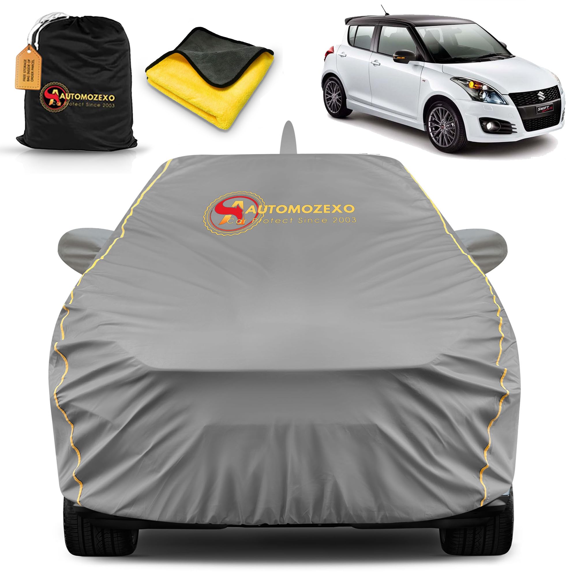 Maruti Suzuki Swift 100% Waterproof Car Cover for All Weather Protection with Mirror & Antena Pocket Inner Cotton Triple Stitched Adjustable Belt Bottom Elastic Cover to Secure Fit -Grey