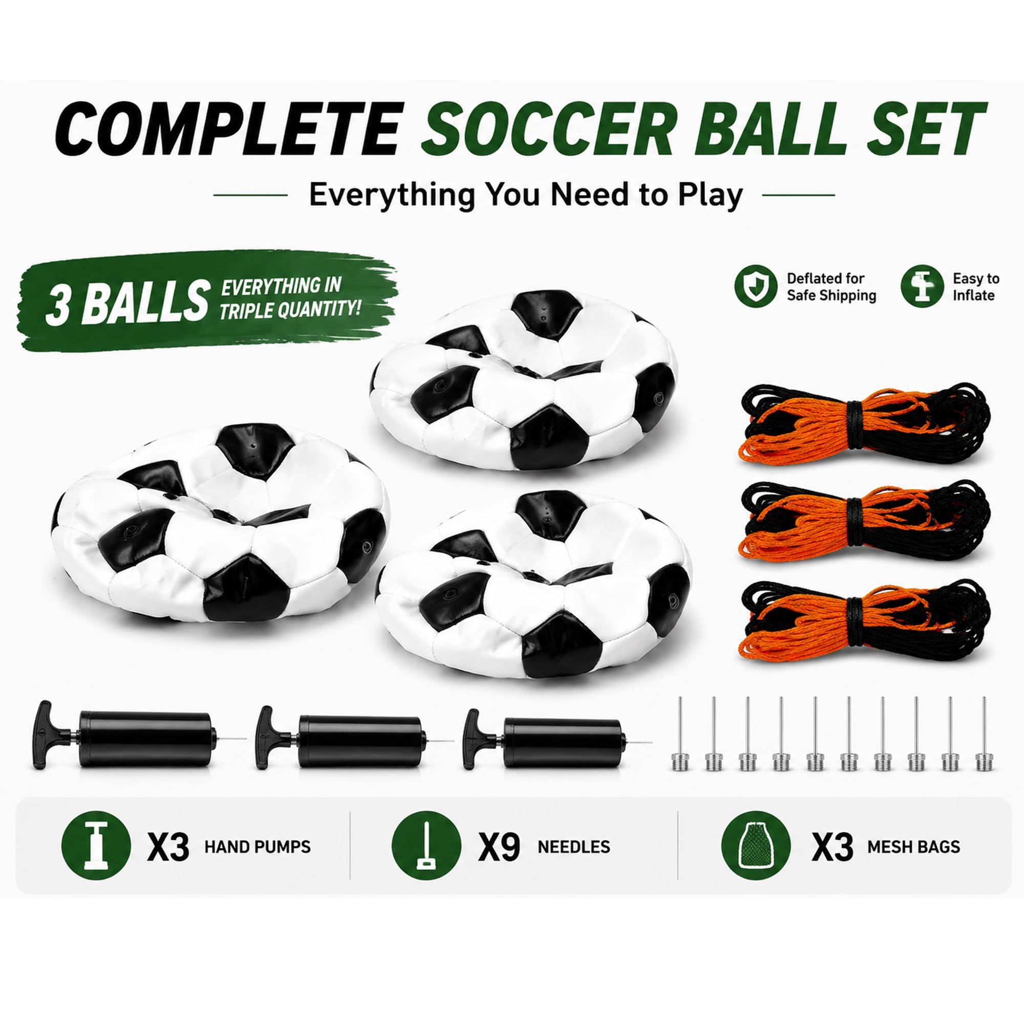 Paquete de 3 balones de fútbol tamaño 4 para jóvenes y adultos, pelota de fútbol clásica con 1 bomba y 1 bolsa de red, para deportes en interiores y exteriores, práctica, juguetes de pelota de juego,