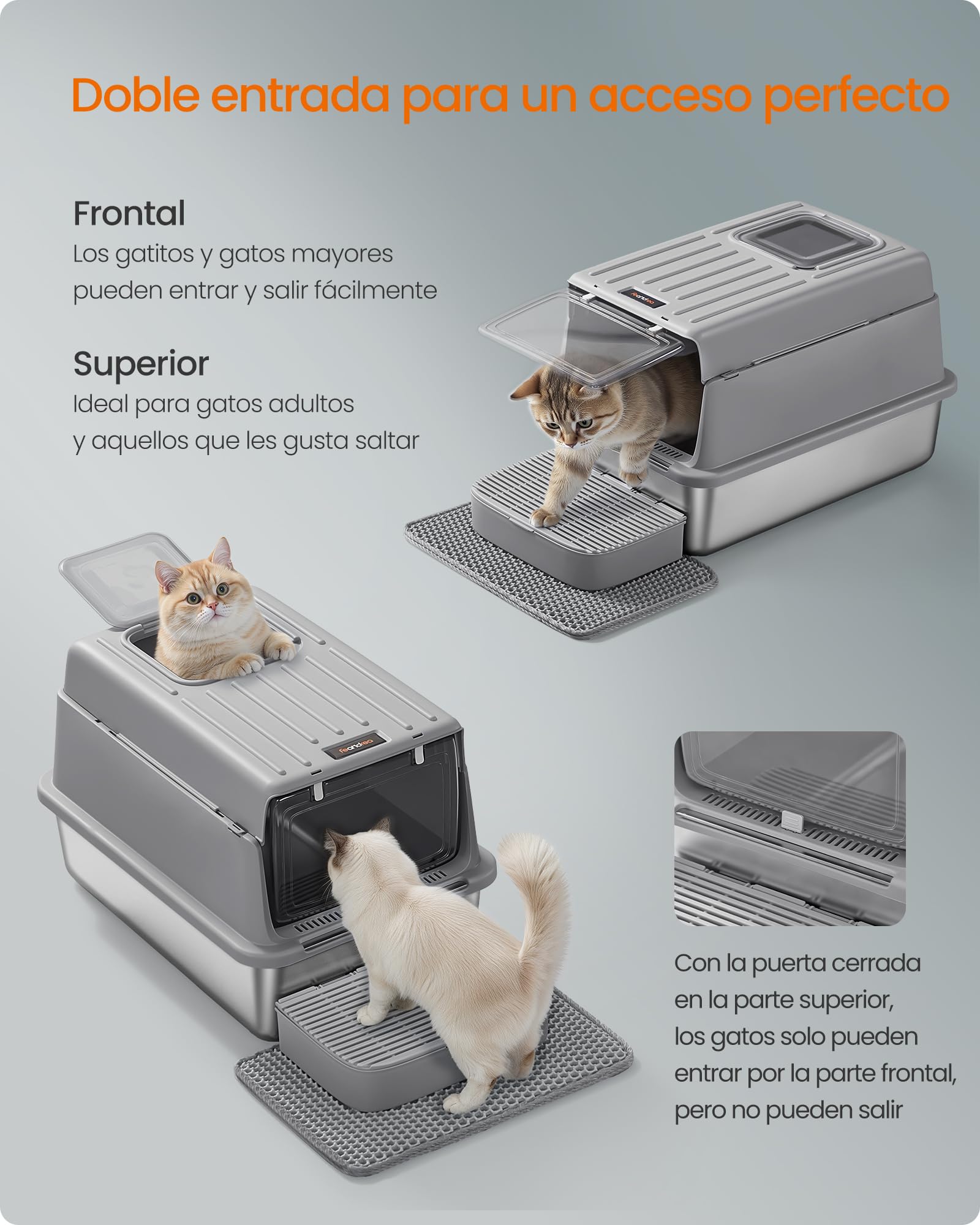 Feandrea Arenero para Gatos de Acero Inoxidable, Caja de Arena con Tapa, Incluye Pala, Alfombrilla y Dos Accesos, para Gatos de hasta 15 kg, Gris Paloma PPT007GN01