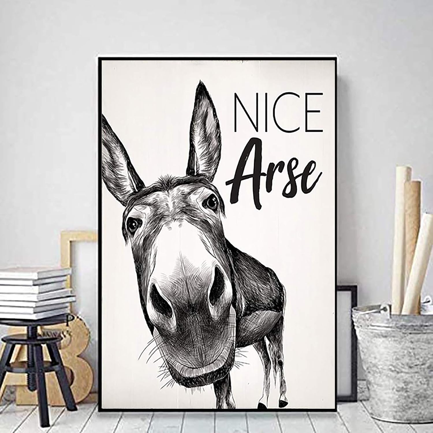 Unikei Nice ARSE Donkey Grey Full Body Funny PET Quote Minimal WC Bathroom Vintage Retro Art Picture Decor NO Frame Poster 16x24 Inch (No Frame) (White,16x24 inch)