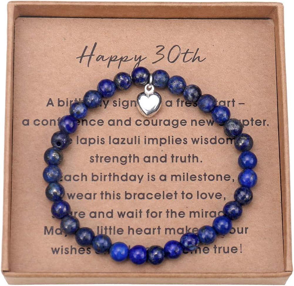 Giuesytic 30th Birthday Gifts for Women Turning 30 - Lapis lazuli Bead Bracelet with Sterling Silver Heart Charm with Card and Gift Box