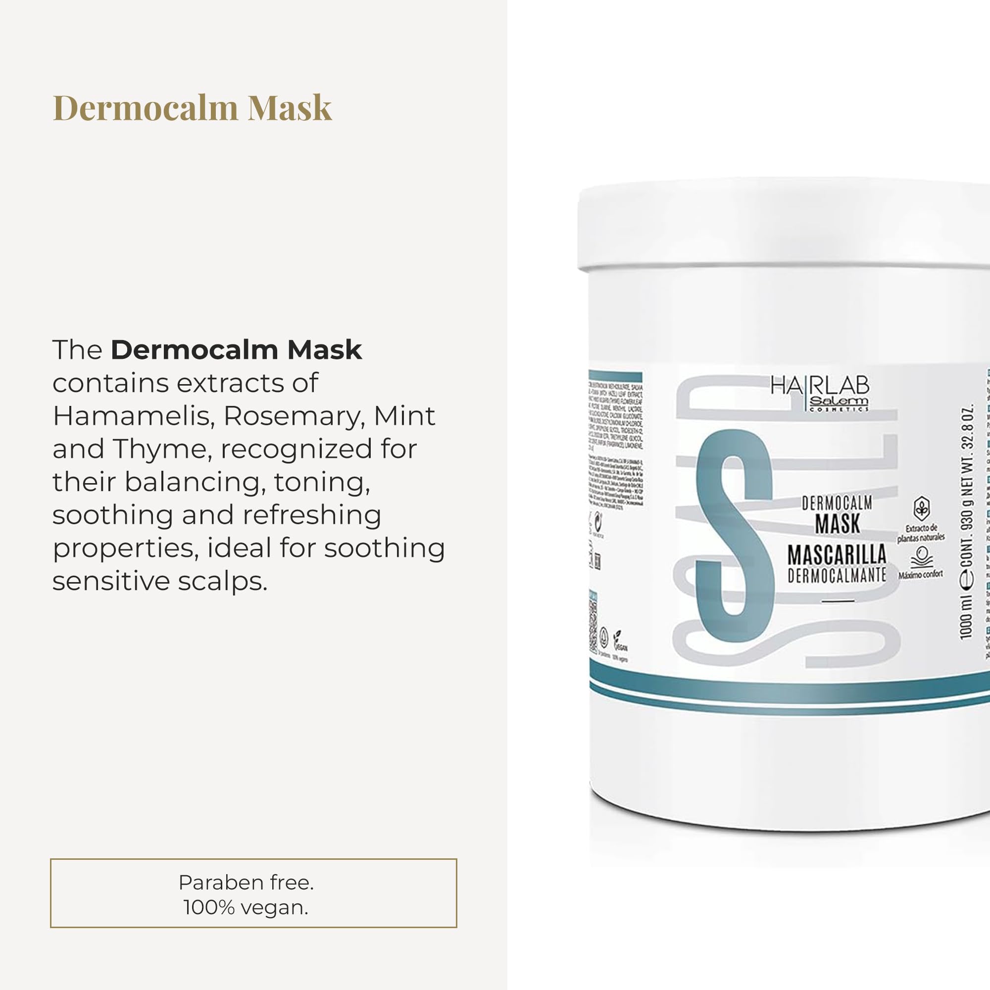 SALERM Dermocalm Hair Lab Dermocalm Hair Mask 1000ml with Witch Hazel, Rosemary, Mint and Thyme, Gentle Cleansing - Image 2