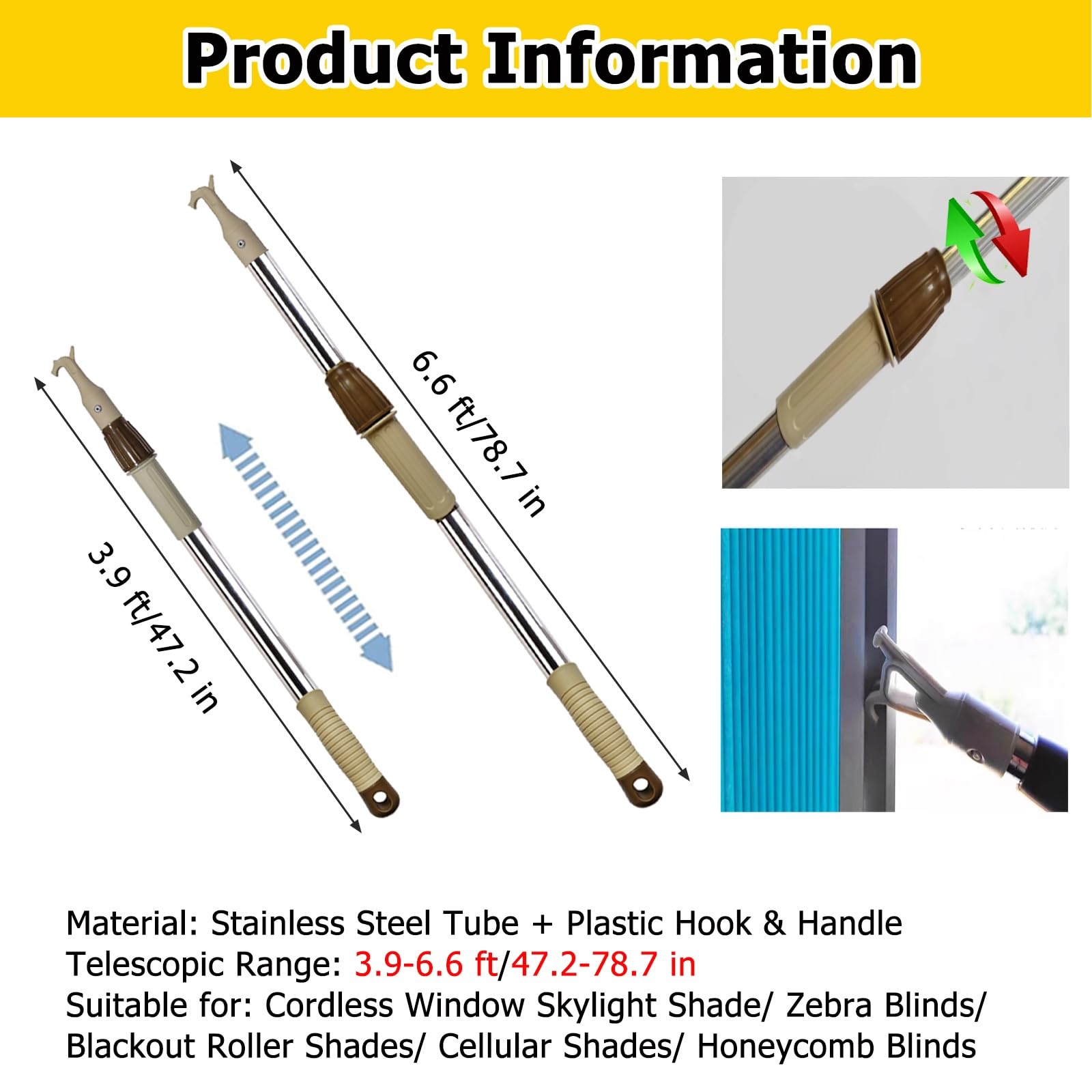 MZZKFC Metal Window Opener Pole Up and Down, Adjustable Cordless Blind Extension Pole, 3.9 to 6.6ft Telescopic Sunshade Push-Pull Rod for Roller Blinds/Celluar Shades(Set of 6)