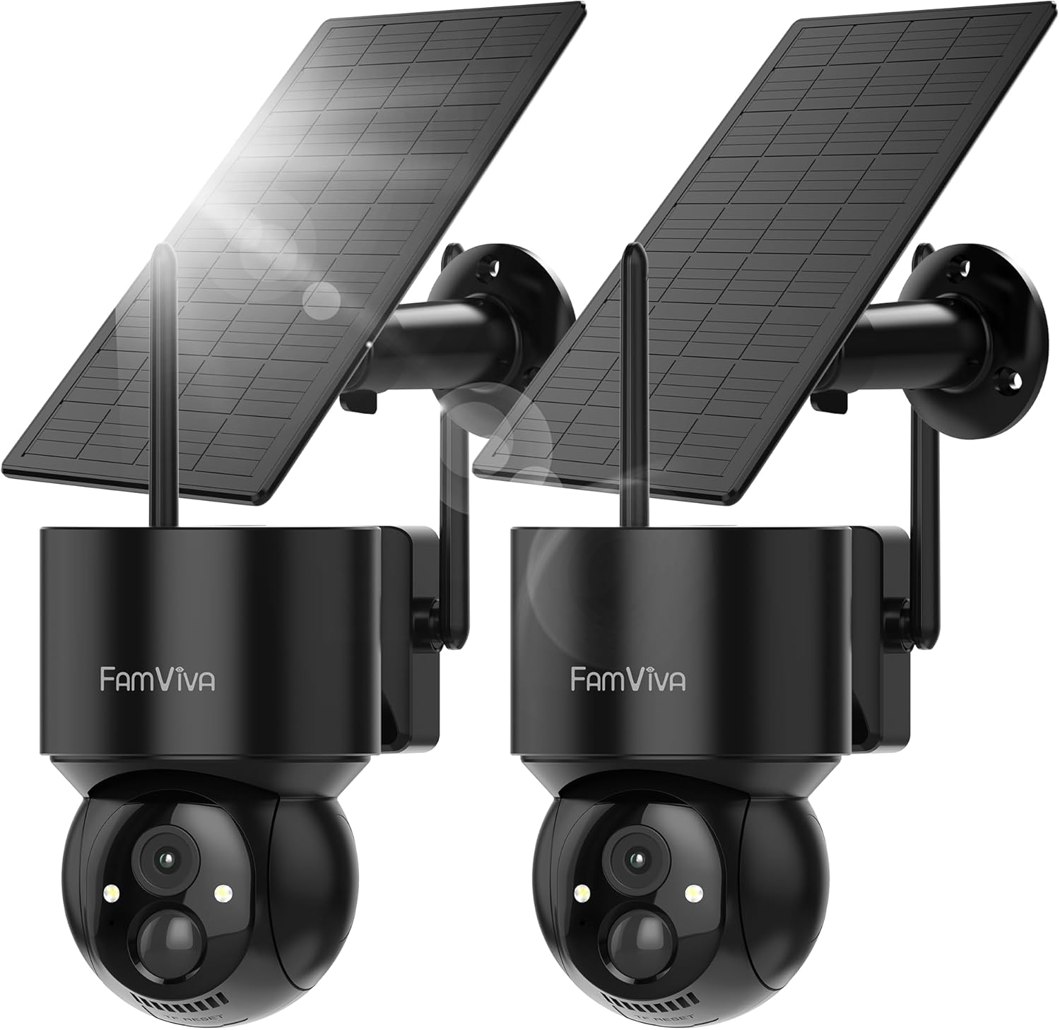 2K Solar Security Cameras Wireless Outdoor, 360°PTZ Battery Powered Cameras for Home Security, 2.4G WiFi Outdoor Camera with Color Night Vision, IP66 Waterproof, Motion Sensor Alarm, Black,2Pack 2K Solar Security Cameras Wireless Outdoor, 360°PTZ Battery Powered Cameras for Home Security, 2.4G WiFi Outdoor Camera with Color Night Vision, IP66 Waterproof, Motion Sensor Alarm, Black,2Pack