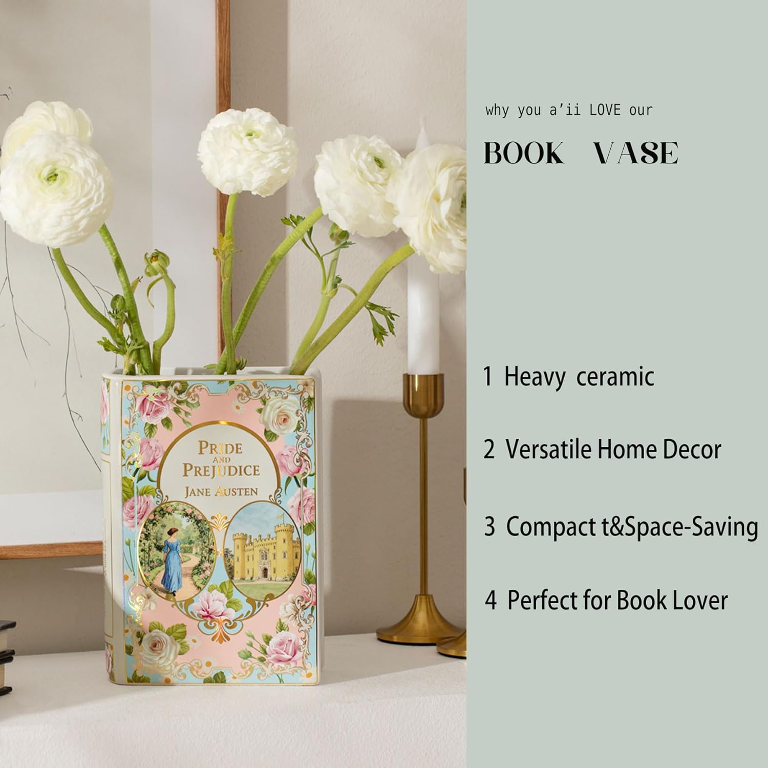 Elegant Ceramic Book Vase for Flowers - Unique Literary Decor Gift for Book Lovers, Classic Home & Office Accent(Large - Pride and Prejudice)