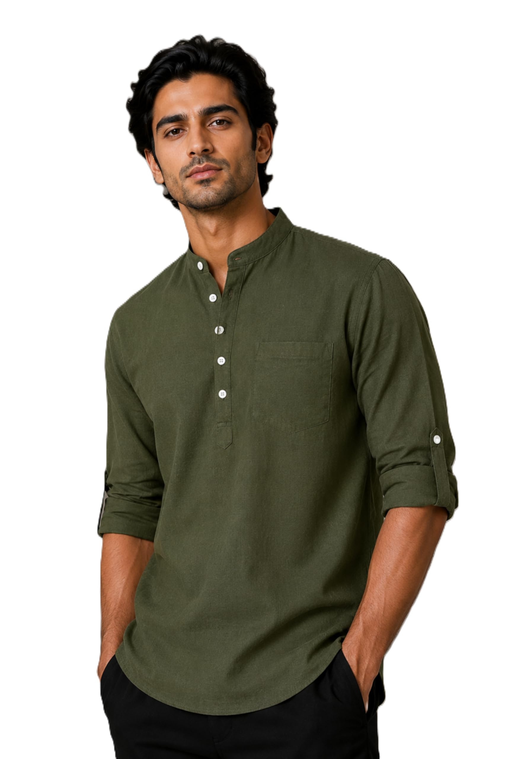 qashida Men's Cotton Linen Blend Relax Fit Short Kurta | Mandarin Collar | Roll-Up Sleeves | Hip Length | Solid Army Green-picture-24