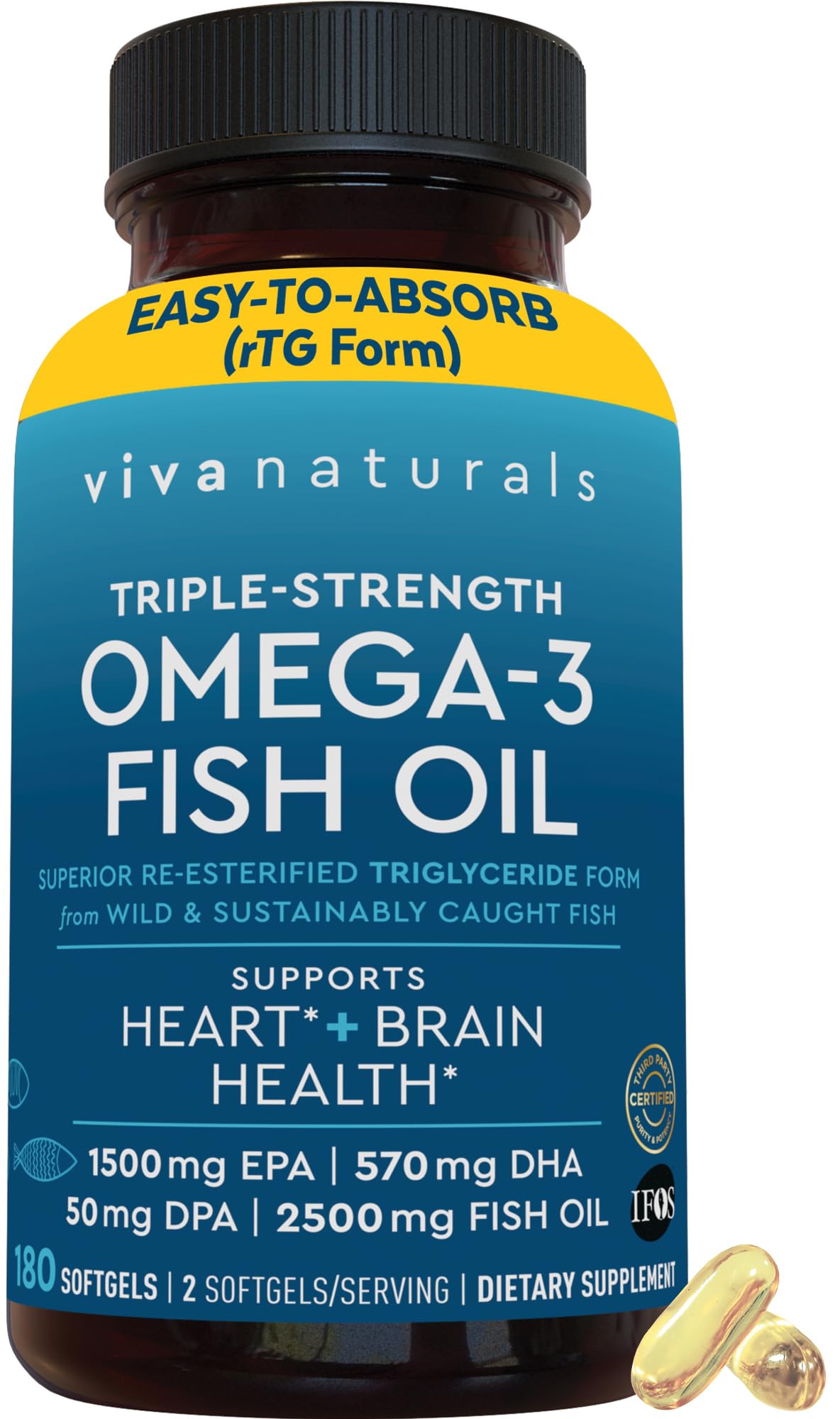 Triple Strength Omega 3 Fish Oil Supplement for Women and Men – 2500 mg High-Potency, Easy-to-Absorb Re-esterified Triglyceride Form, Pescatarian-Friendly DPA EPA DHA Omega 3 Supplement, 180 Softgels