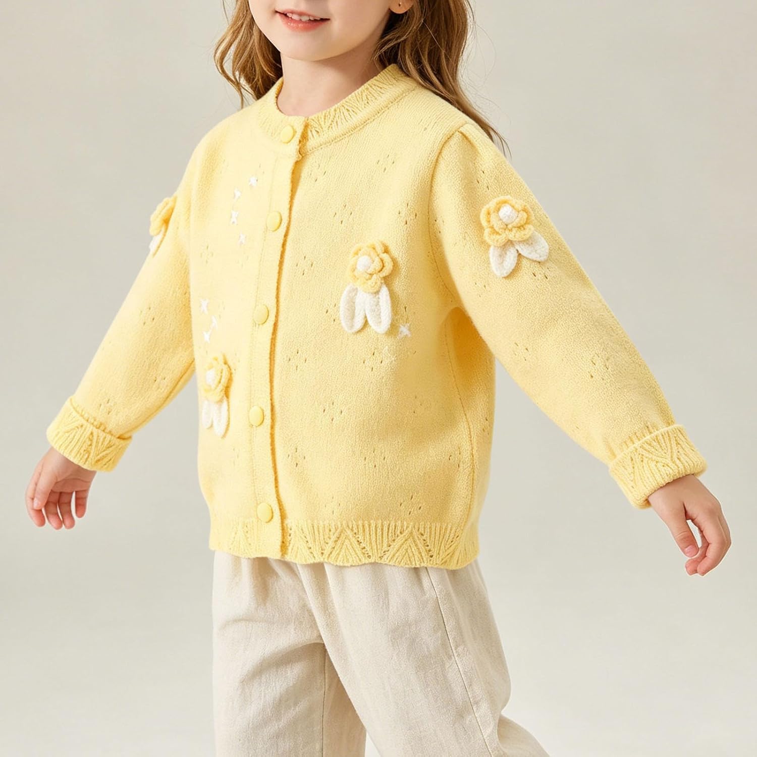 Girls Floral Crewneck Button Knit Cardigan Preppy Fall | Girls' Cardigan Sweater Long Sleeve Crew Neck Button Down Cute Knit Cardigan Fall Preppy Clothes Floral Lightweight Fall Coat
