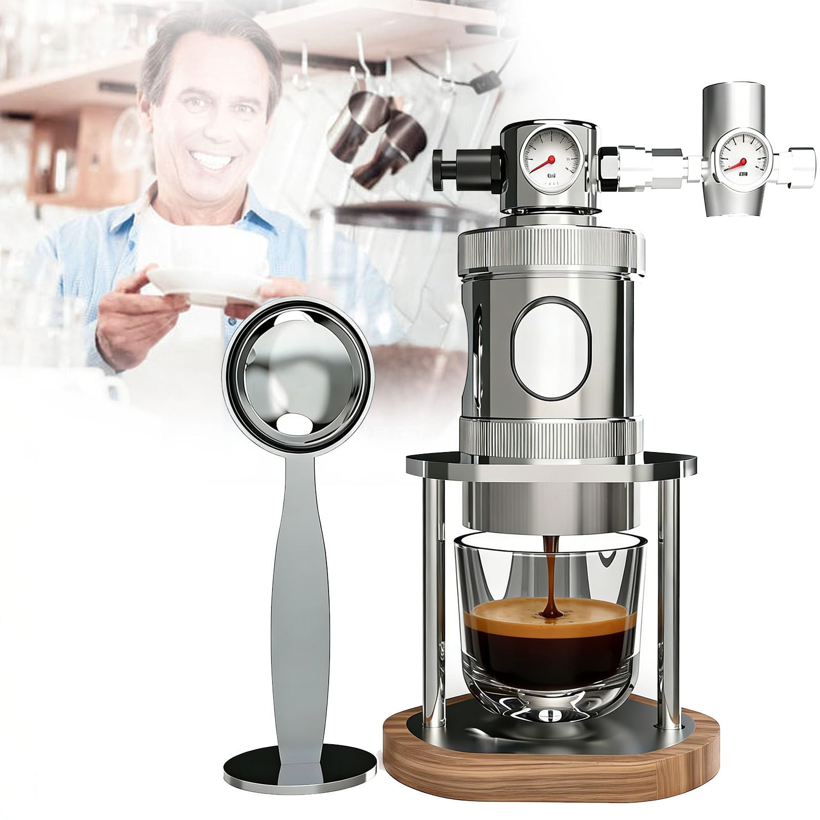 Cafetera neumática de 58 mm con manómetro, máquina de café manual desmontable para el hogar, camping y viajes