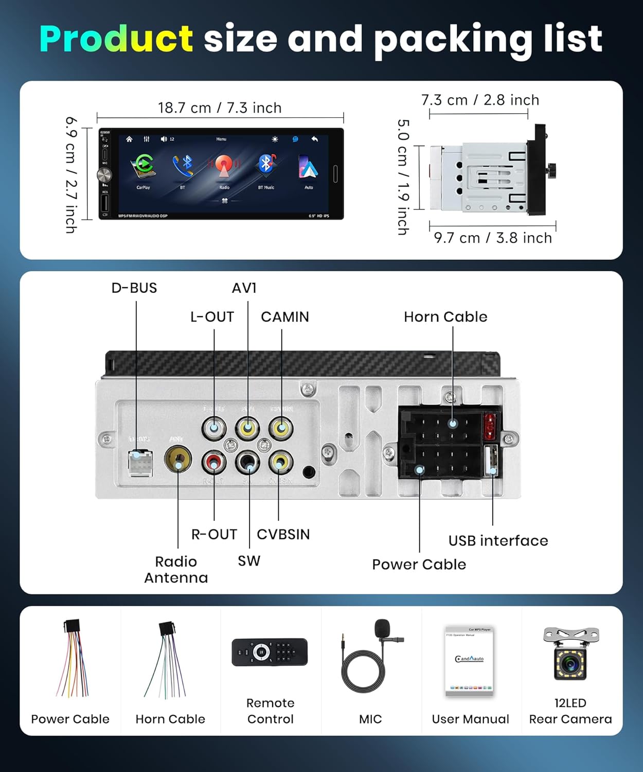 Single Din Car Stereo with Wireless Carplay Android Auto-2025 Upgraded Bluetooth 5.2 Type-C Dual Mic 6.9 Inch IPS Touch Screen Car Radio with Backup Camera Mirror Link FM USB EQ SWC