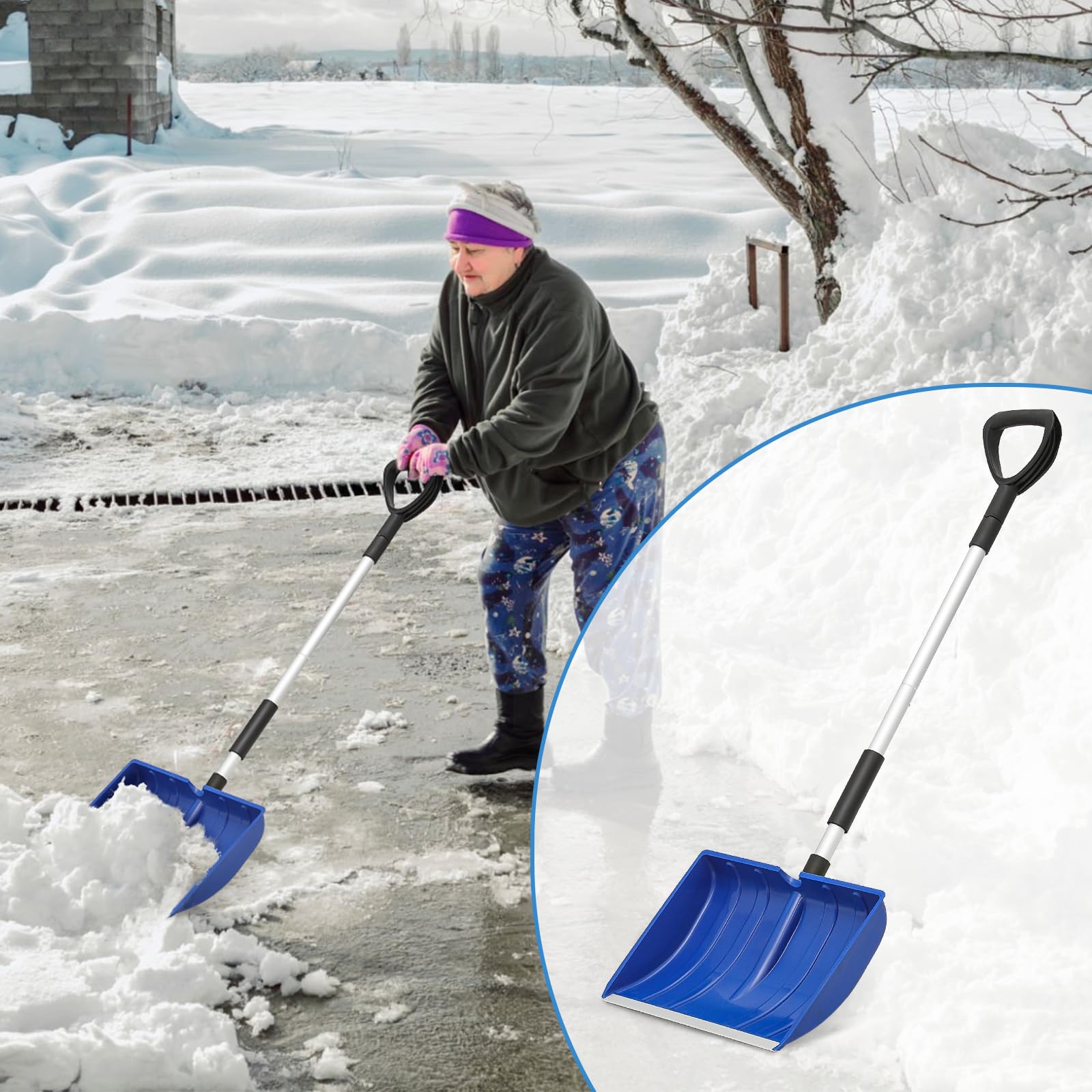 Pala da neve larga 40,6 cm con manico in alluminio e striscia di alluminio, grande pala da neve per vialetto, casa, patio, passerelle, rimozione neve, blu