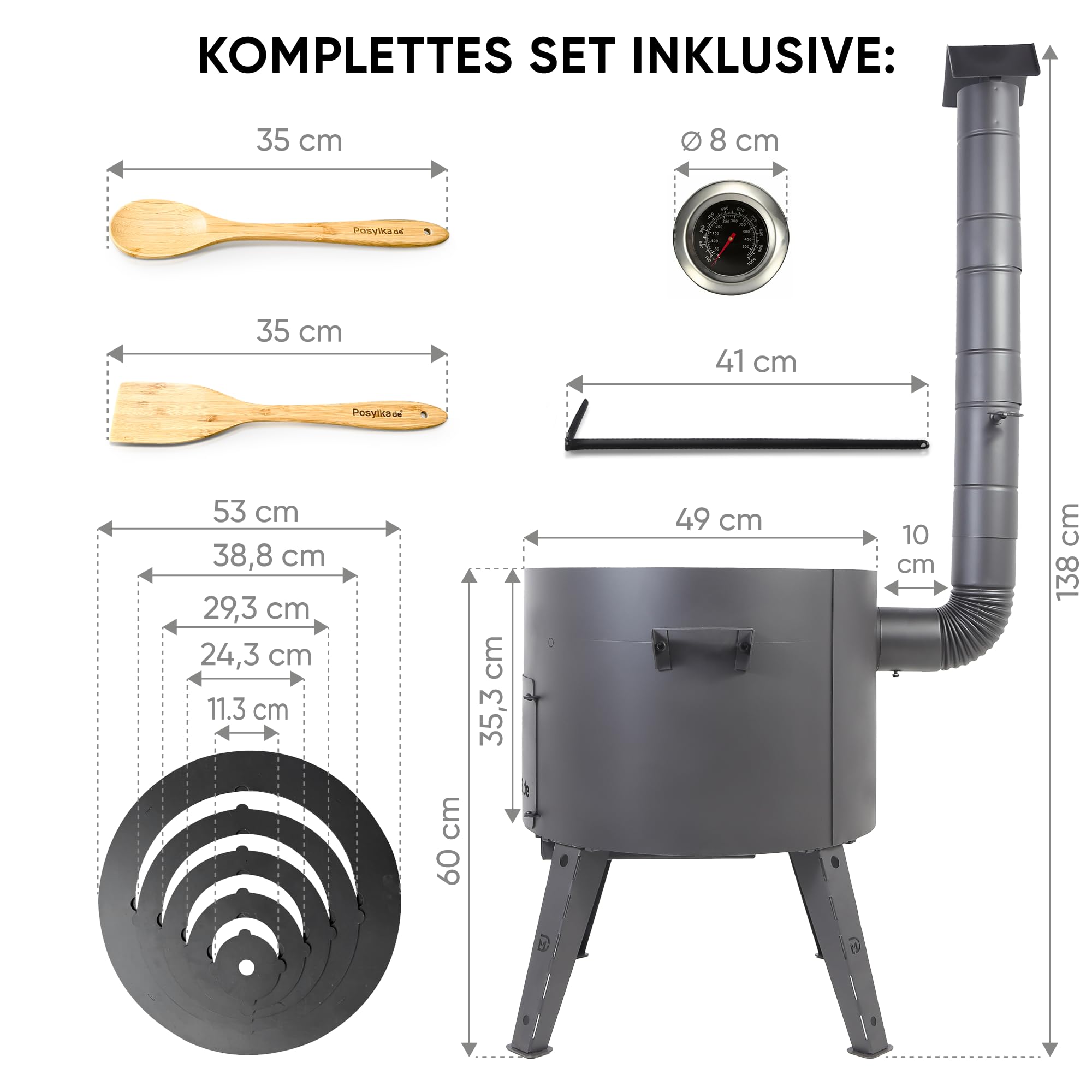 Horno de fuego de 49 cm de diámetro, 2 mm, acero 4 mm, Kazan 22 L, base plana con termómetro, Uchak Uchag Uchag Asia