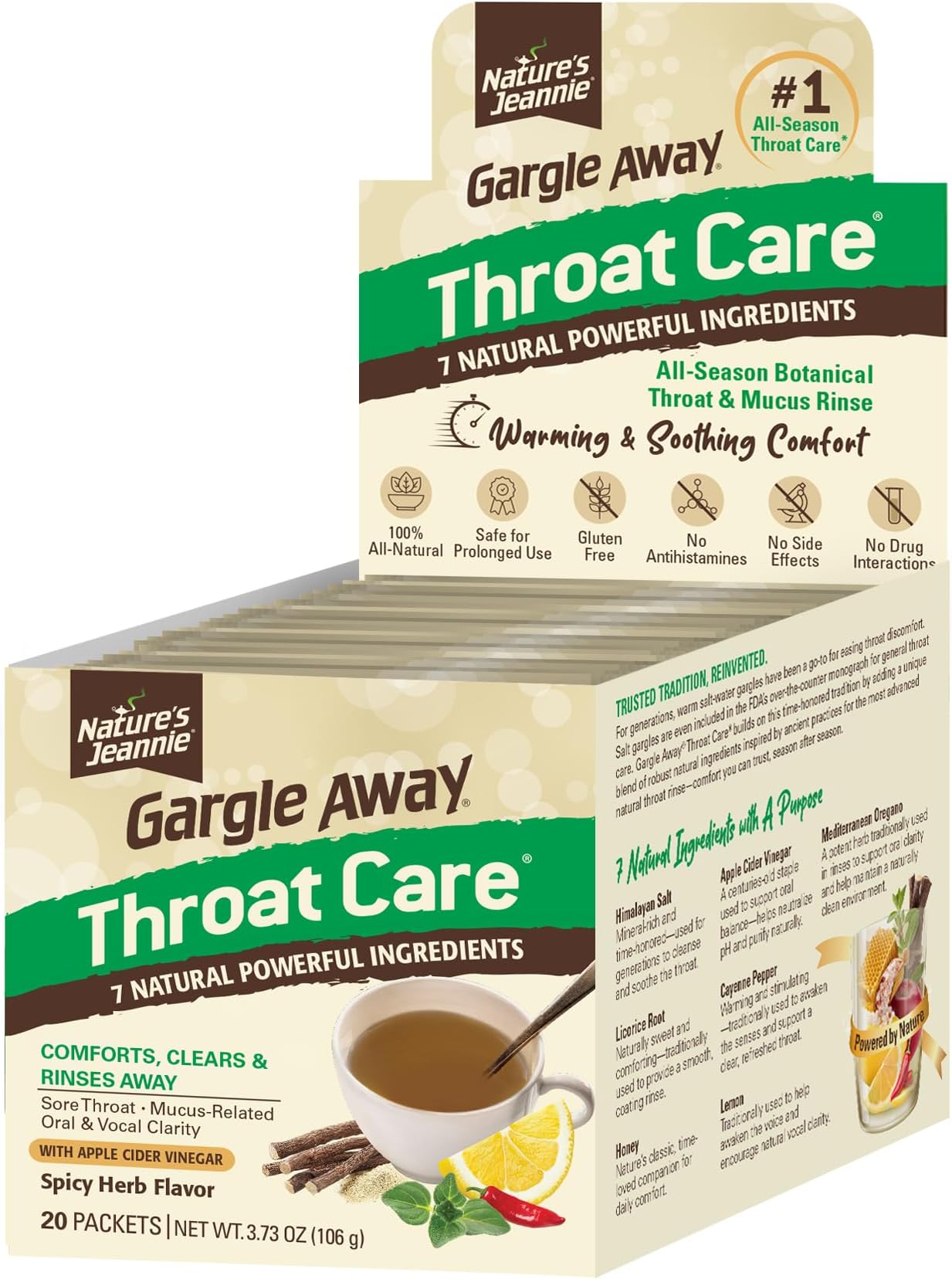 Nature’s Jeannie All-Natural Throat Care – Soothing Botanical Rinse for Throat, Mucus-Related, Oral, Vocal Clarity - Seasonal & Daily Wellness (20 Packets, Warming Spicy Herb Flavor)