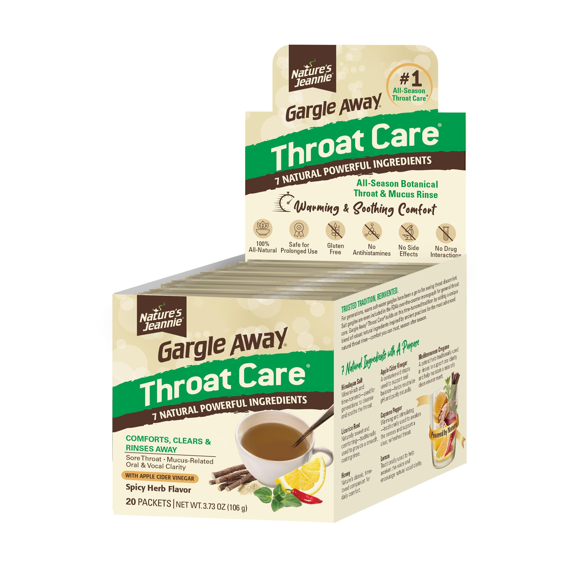 Nature’s Jeannie All-Natural Throat Care – Soothing Botanical Rinse for Throat, Mucus-Related, Oral, Vocal Clarity - Seasonal &amp; Daily Wellness (20 Packets, Warming Spicy Herb Flavor)