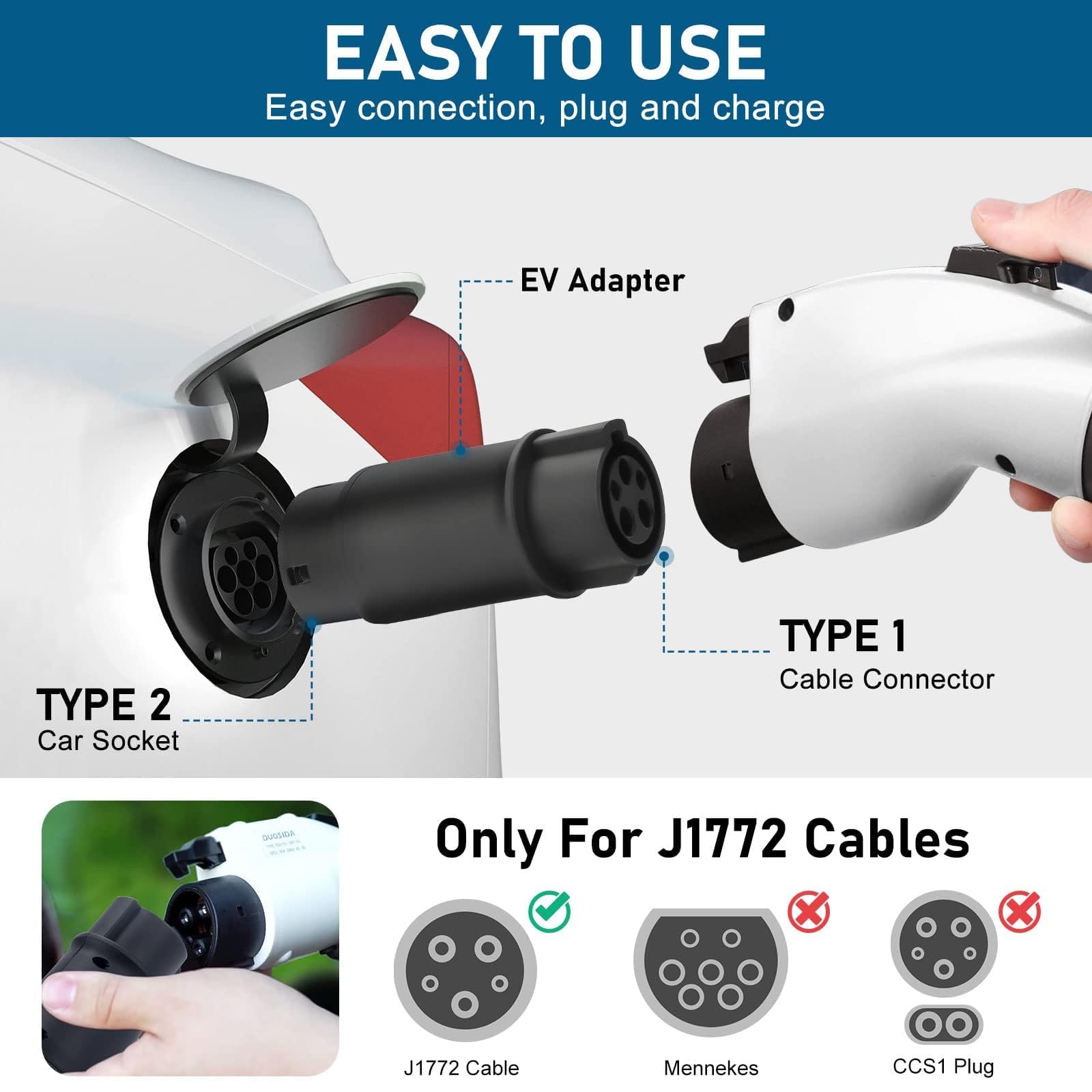 J1772 EV Adapter Plug 32A Elektrische Voertuig Auto EV Charger Connector Type 2 Naar Type1 Elektrische Voertuig Opladen Adapter