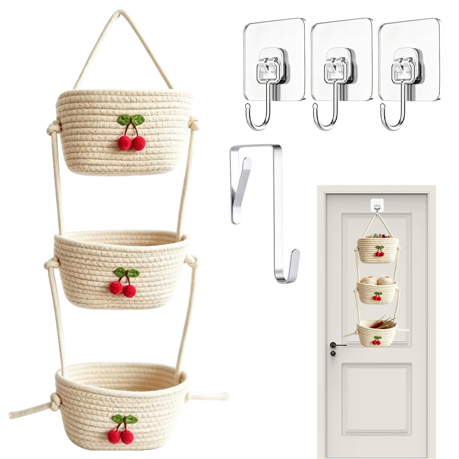 Wall Hanging Cotton Baskets, 3-Tier Woven Cotton Wall Basket,Woven Rope Over The Door Storage Wall Mount Hanging Baskets with Hooks for Bedroom, Bathroom,Livingroom (Beige)